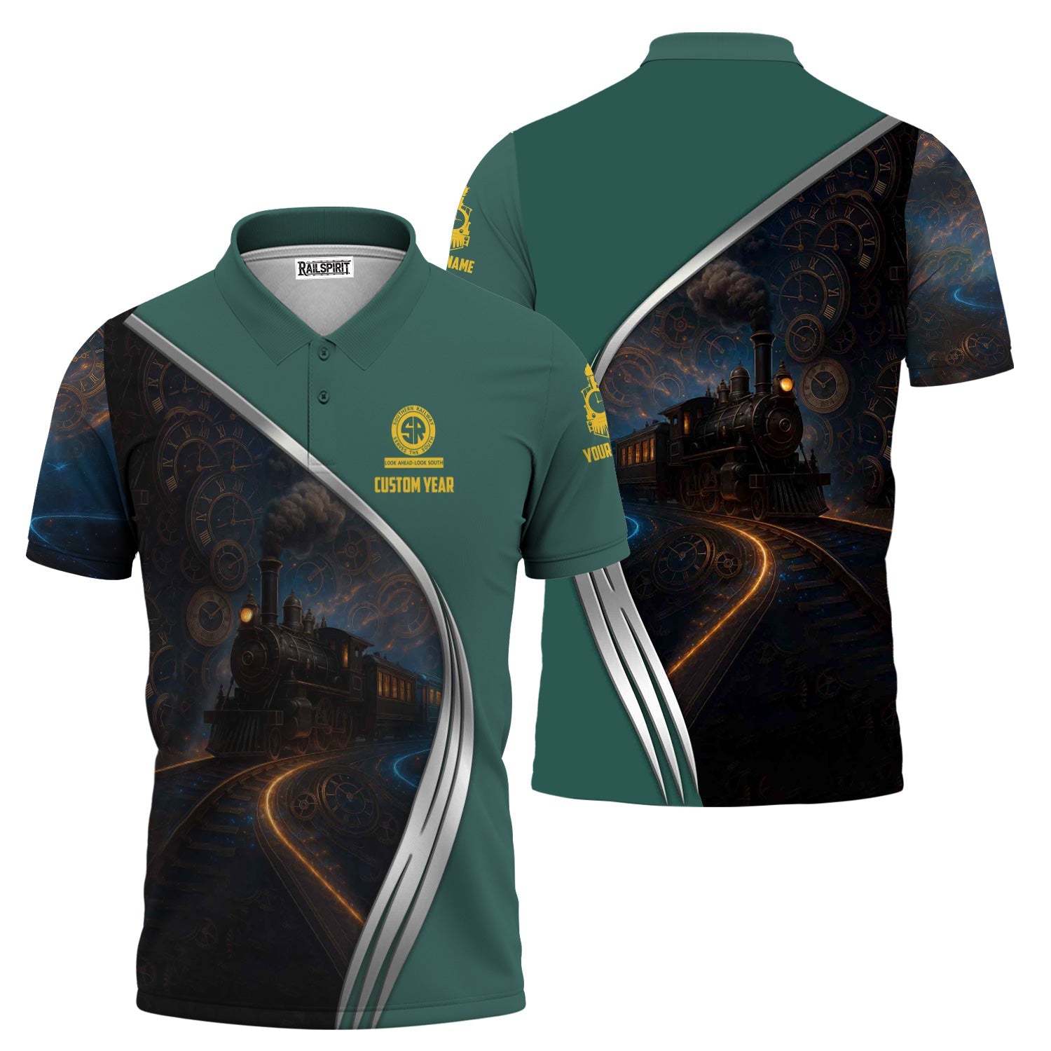Railspirit Personalized Southern Railway U.S Polo Shirt Steampunk Locomotive with Custom Year SOU Train Shirt