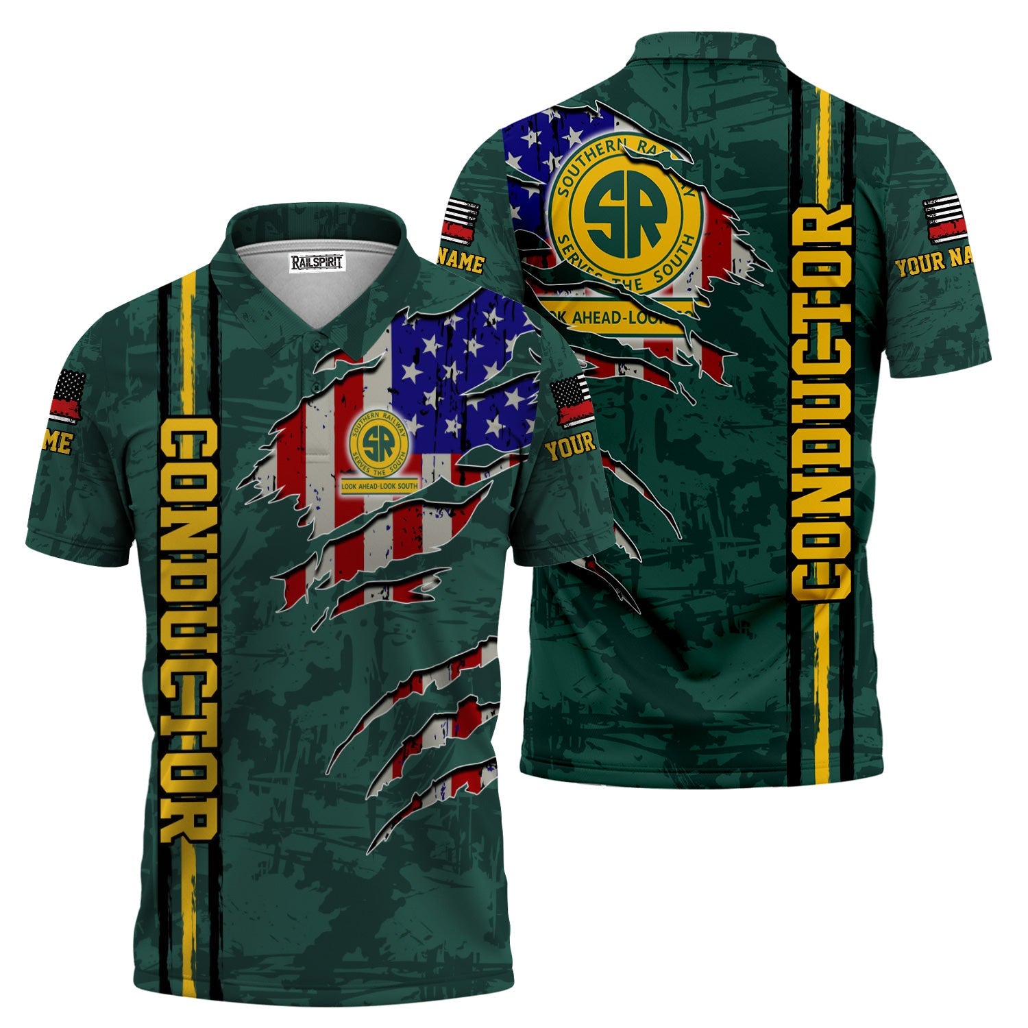 Railspirit Personalized Southern Railway U.S Polo Shirt USA Flag Claw Art with Custom Job SOU Train Shirt