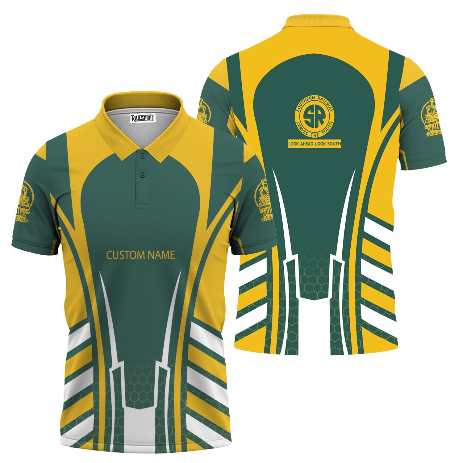 Railspirit Personalized Southern Railway U.S Polo Shirt Striped Railroad Style SOU Train Shirt All Over Print