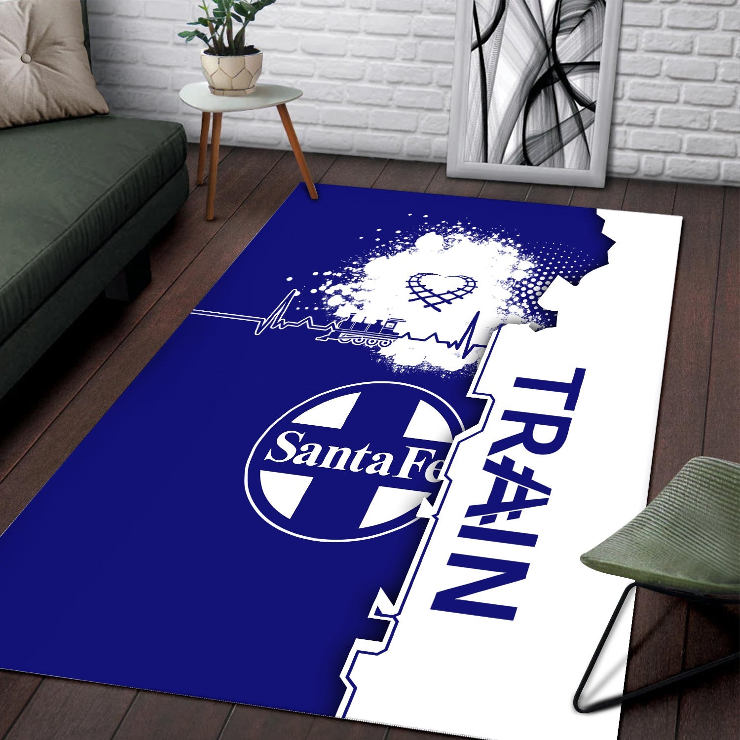 Railspirit Santa Fe Railway Area Rug Engine Heartbeat and Track Love Style Atchison, Topeka and Santa Fe Railway Rug Gift Idea For Train Lovers