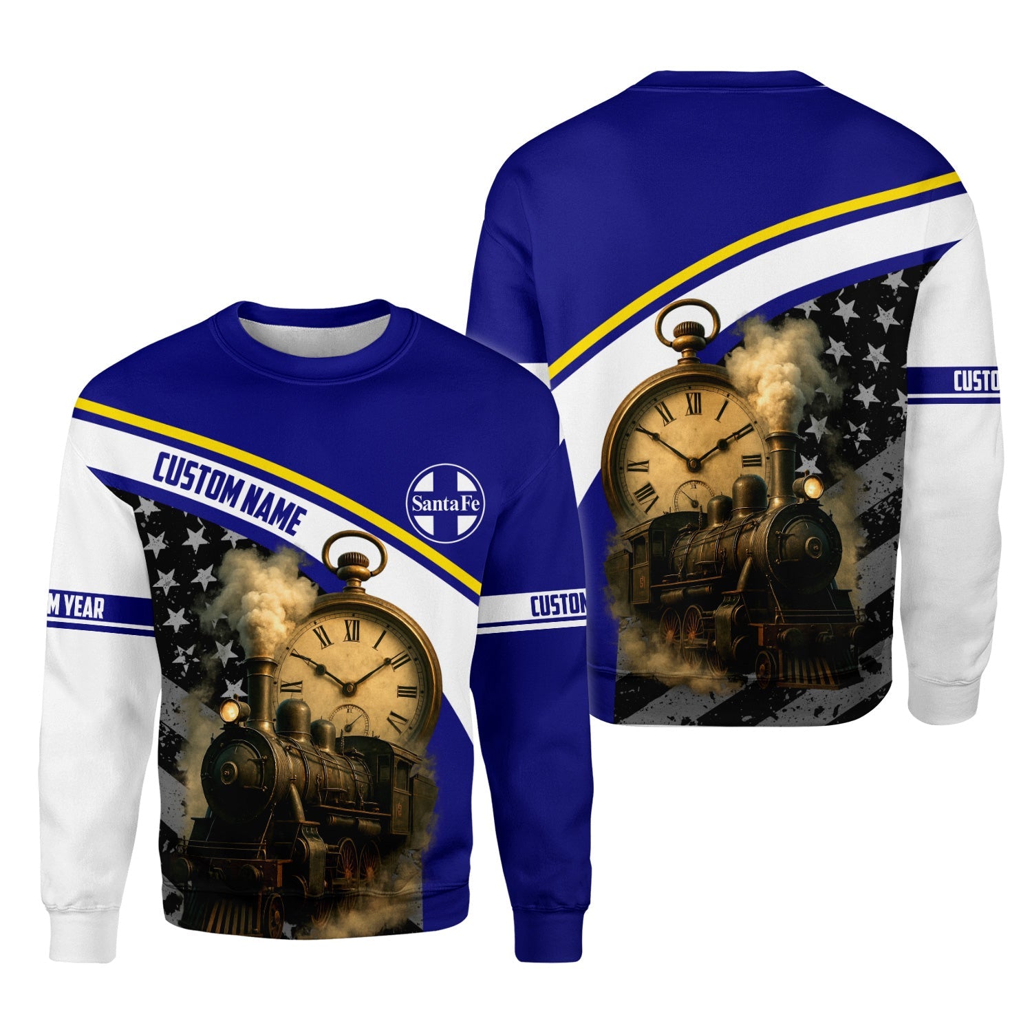 Railspirit Personalized Santa Fe Railway Sweatshirt Classic Steam Engine With Retro Pocket Watch Atchison, Topeka and Santa Fe Railway Shirt