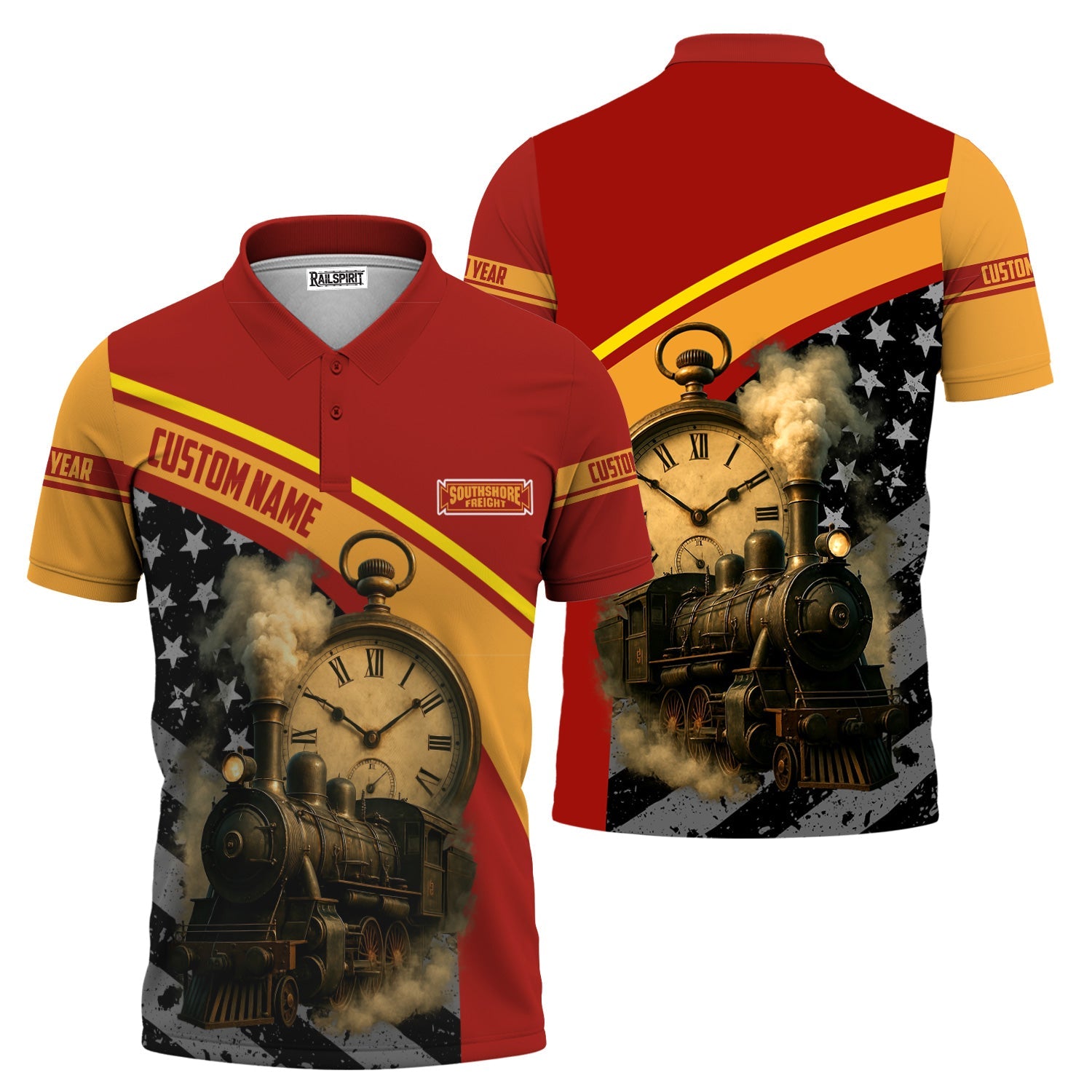 Railspirit Personalized Chicago South Shore and South Bend Railroad Polo Shirt Classic Steam Engine With Retro Pocket Watch Shirt All Over Print