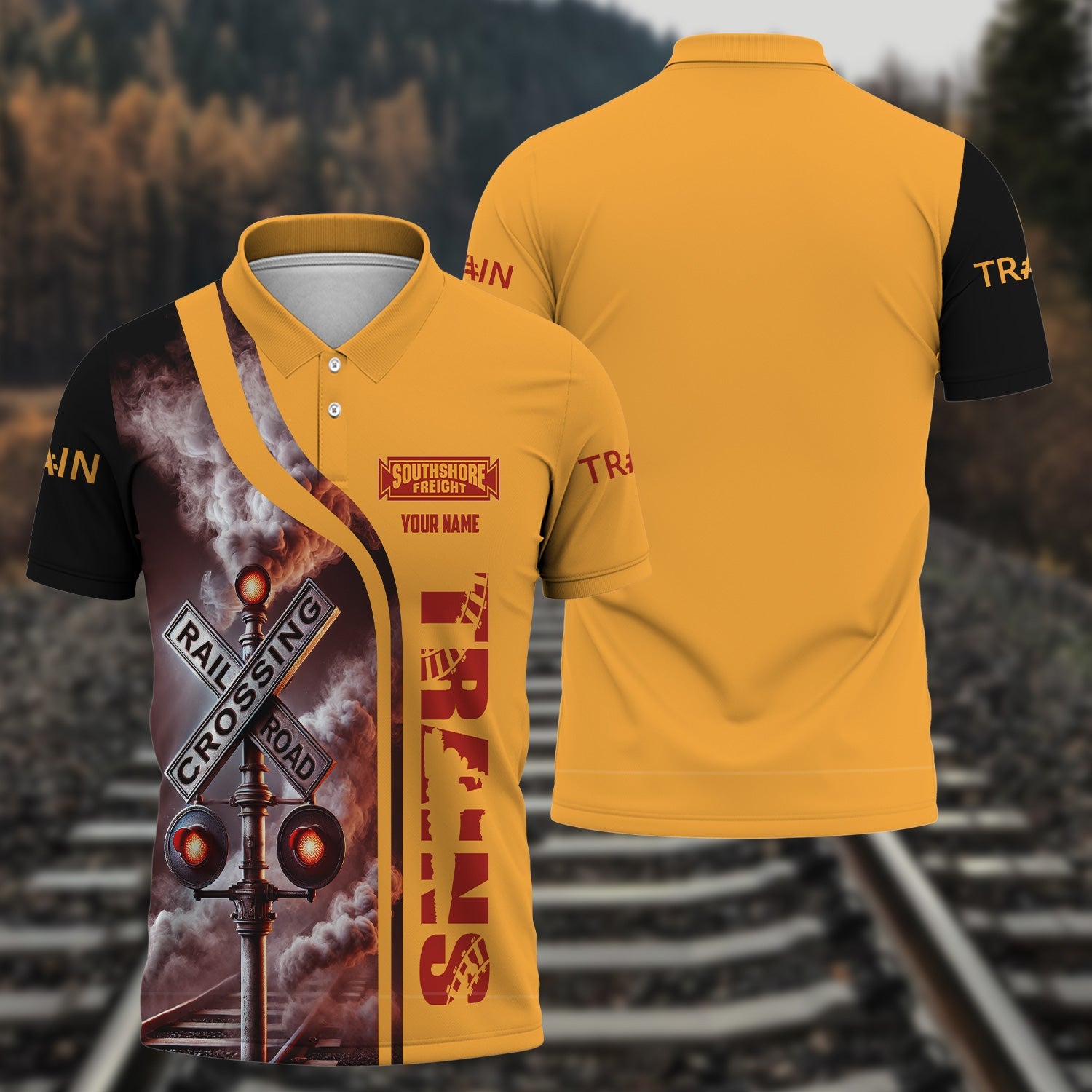 Railspirit Personalized Chicago South Shore and South Bend Railroad Polo Shirt Crossing Railroad Sign  American Locomotive Train Shirt All Over Print