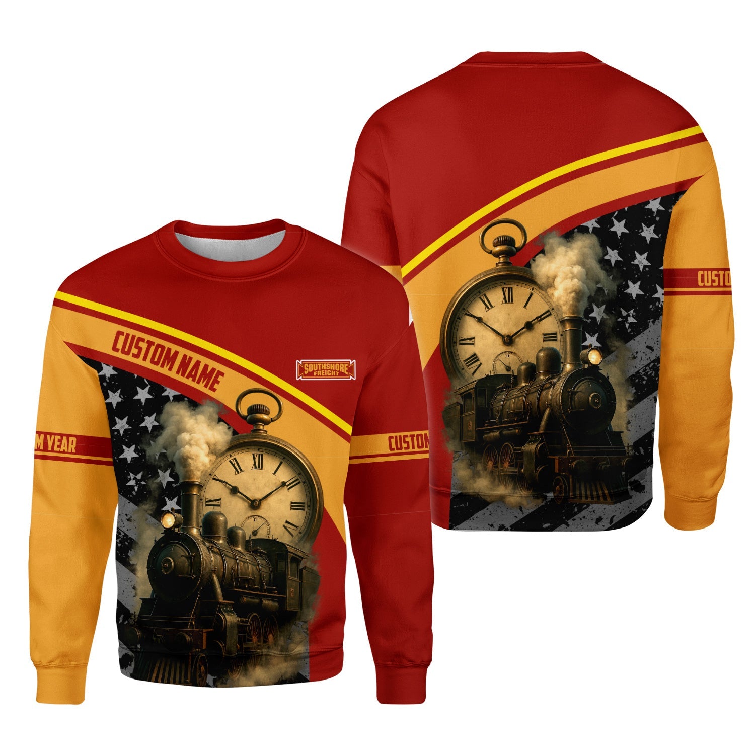 Railspirit Personalized Chicago South Shore and South Bend Railroad Sweatshirt Classic Steam Engine With Retro Pocket Watch Shirt All Over Print