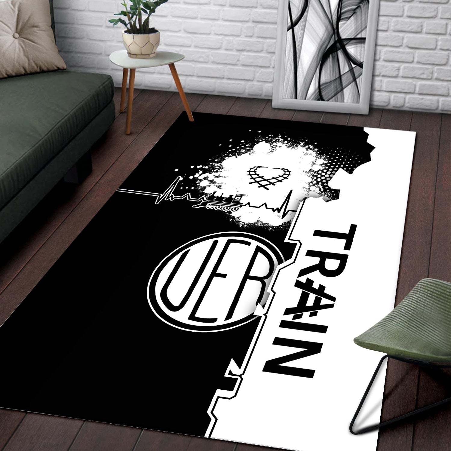 Railspirit Union Electric Railway Area Rug Engine Heartbeat and Track Love Style Rug Gift Idea For Train Lovers