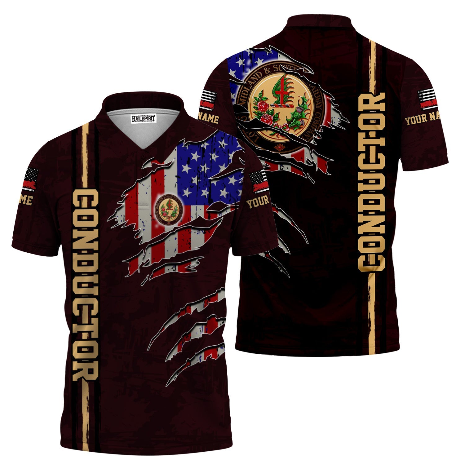 Railspirit Personalized London, Midland and Scottish Railway Polo Shirt USA Flag Claw Art with Custom Job Train Shirt