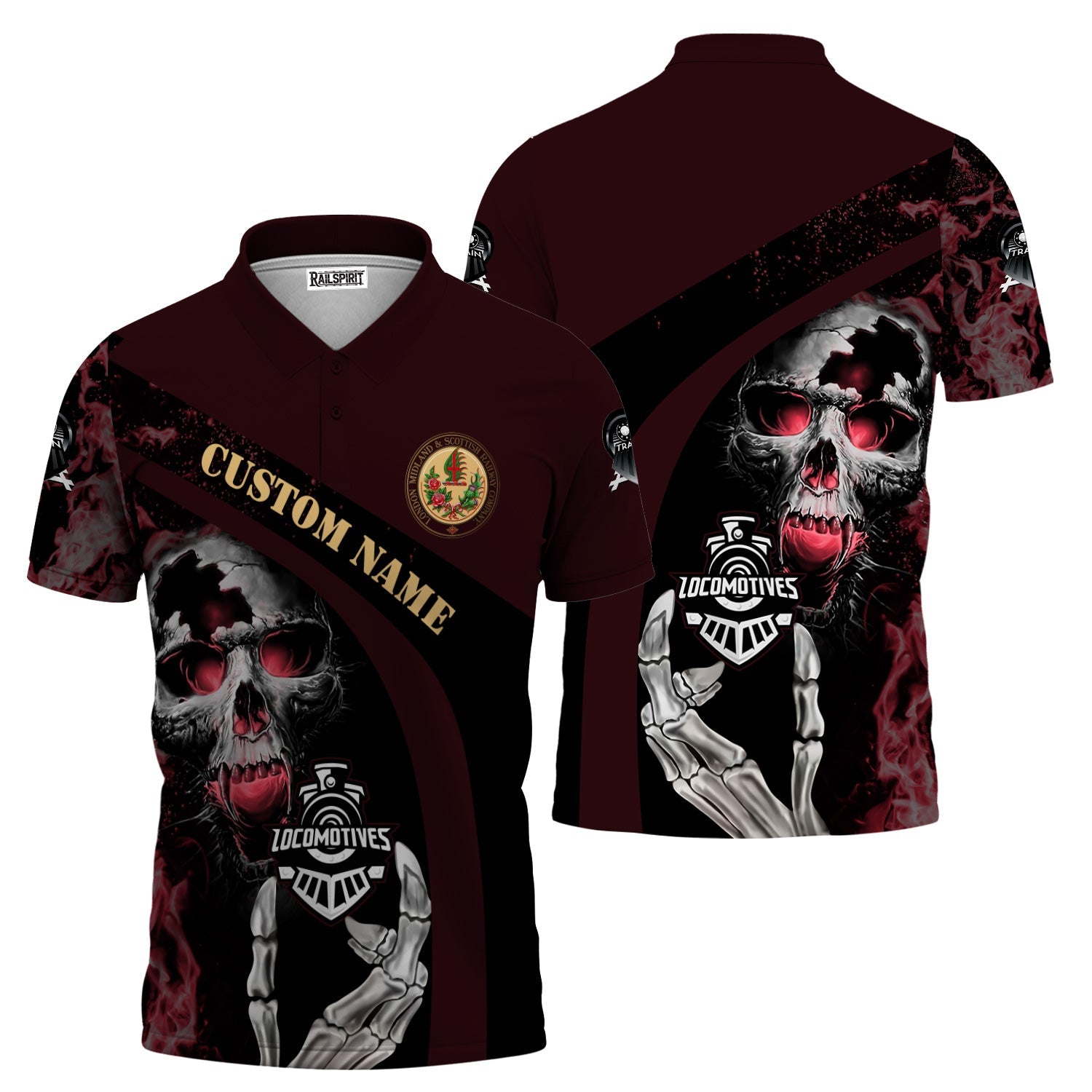 Railspirit Personalized London, Midland and Scottish Railway Polo Shirt Flame Skull Design Train Shirt for Locomotive Fans