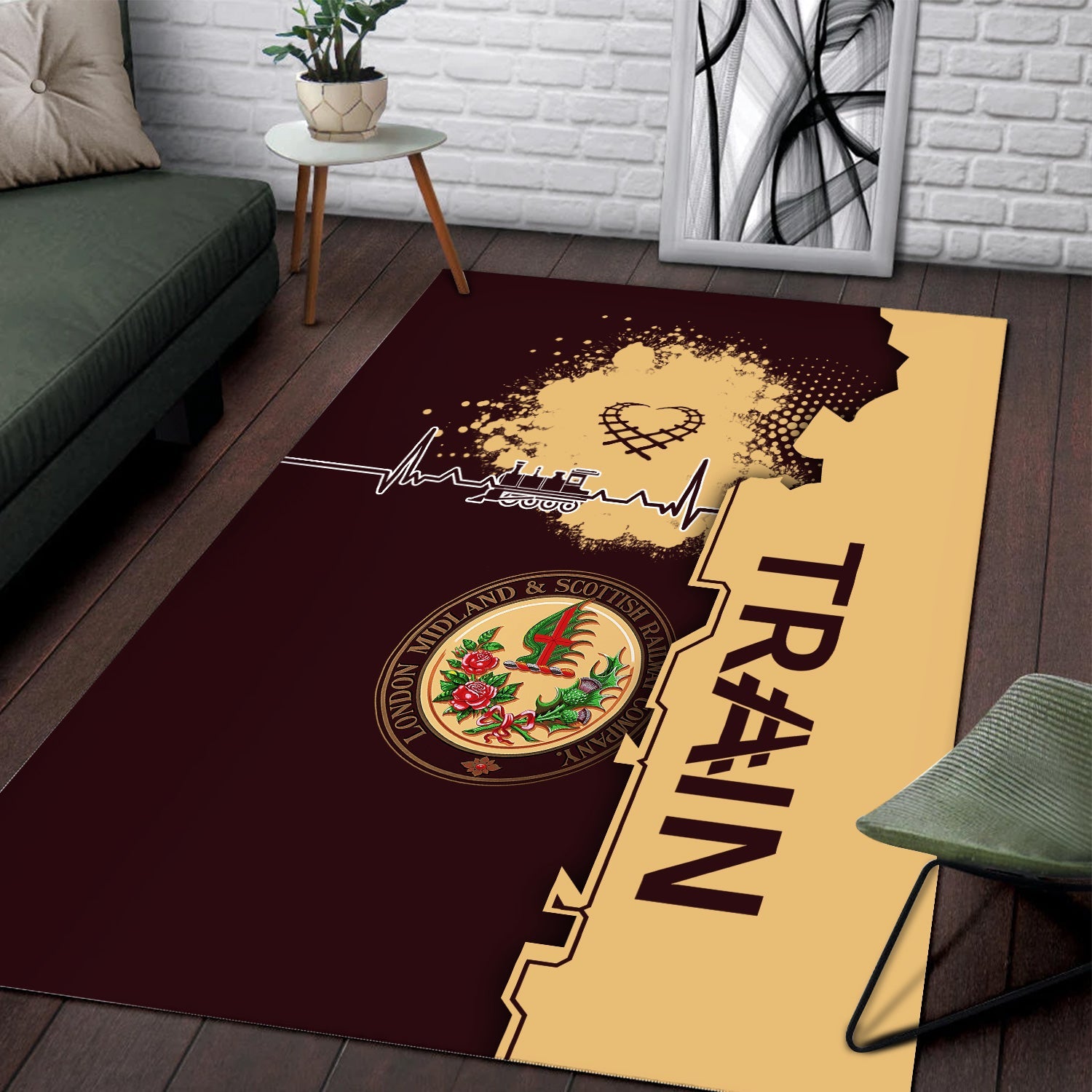 Railspirit London, Midland and Scottish Railway Area Rug Engine Heartbeat and Track Love Style Rug Gift Idea For Train Lovers