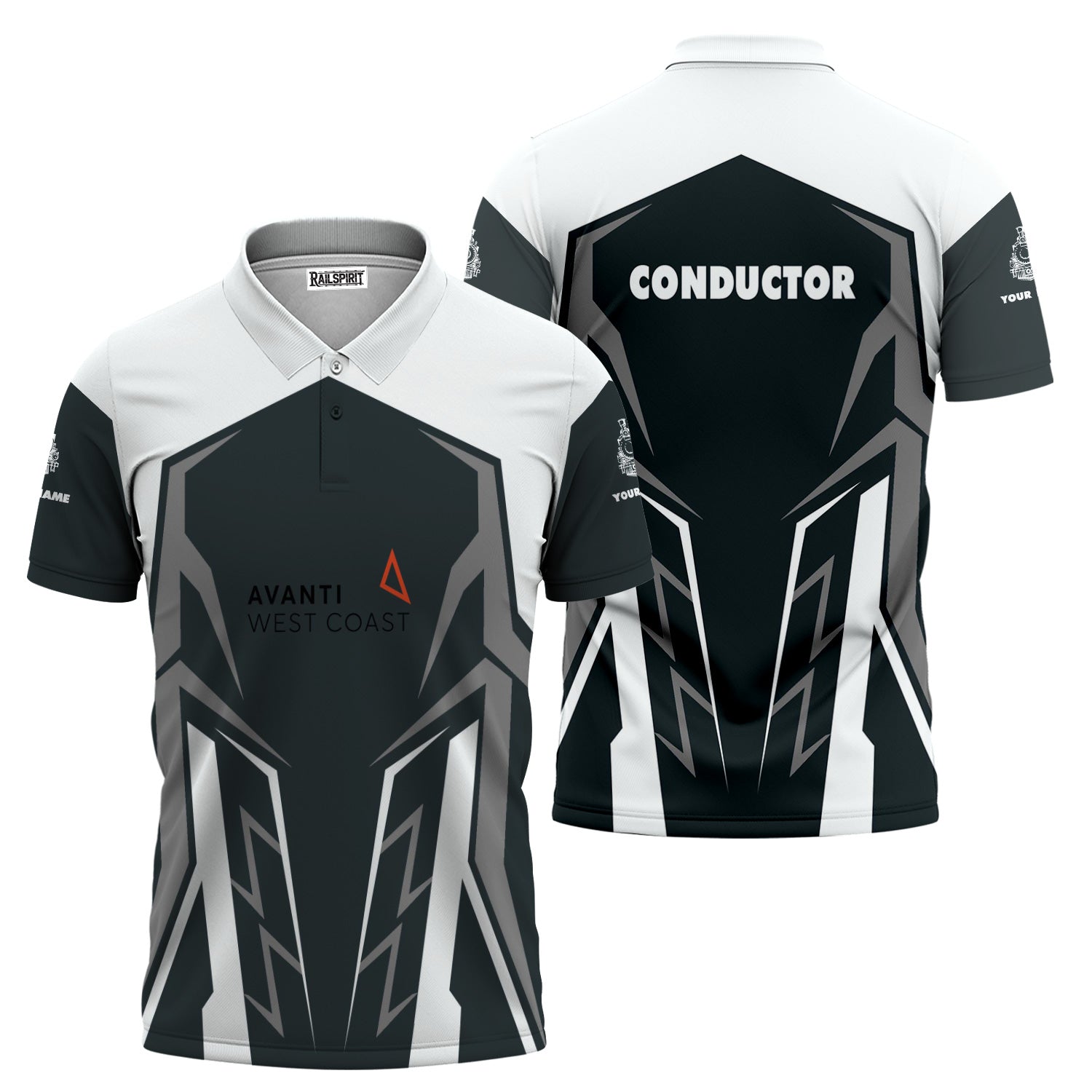 Railspirit Personalized Avanti West Coast Polo Shirt Futuristic Design with Custom Job Train Shirt