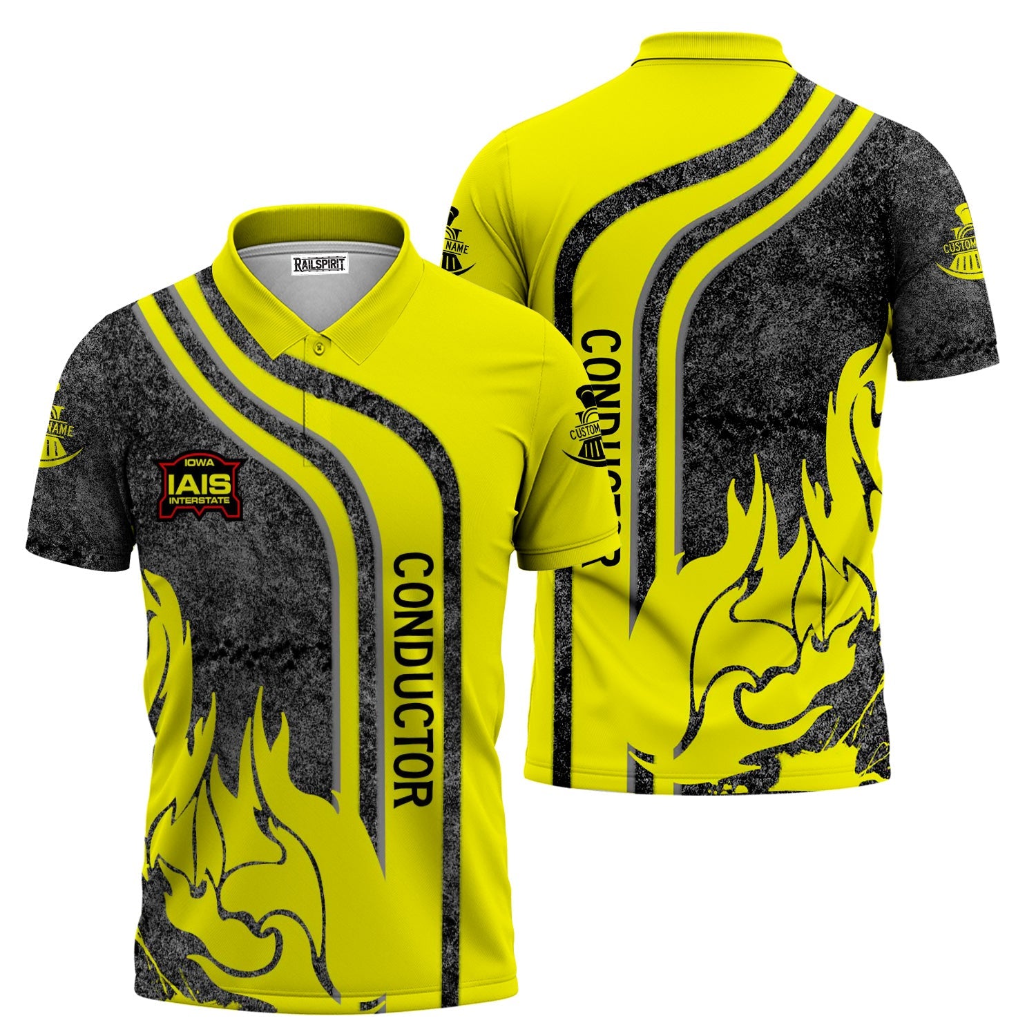 Railspirit Personalized Iowa Interstate Railroad Polo Shirt Flame Design with Custom Job Position IAIS Train Shirt