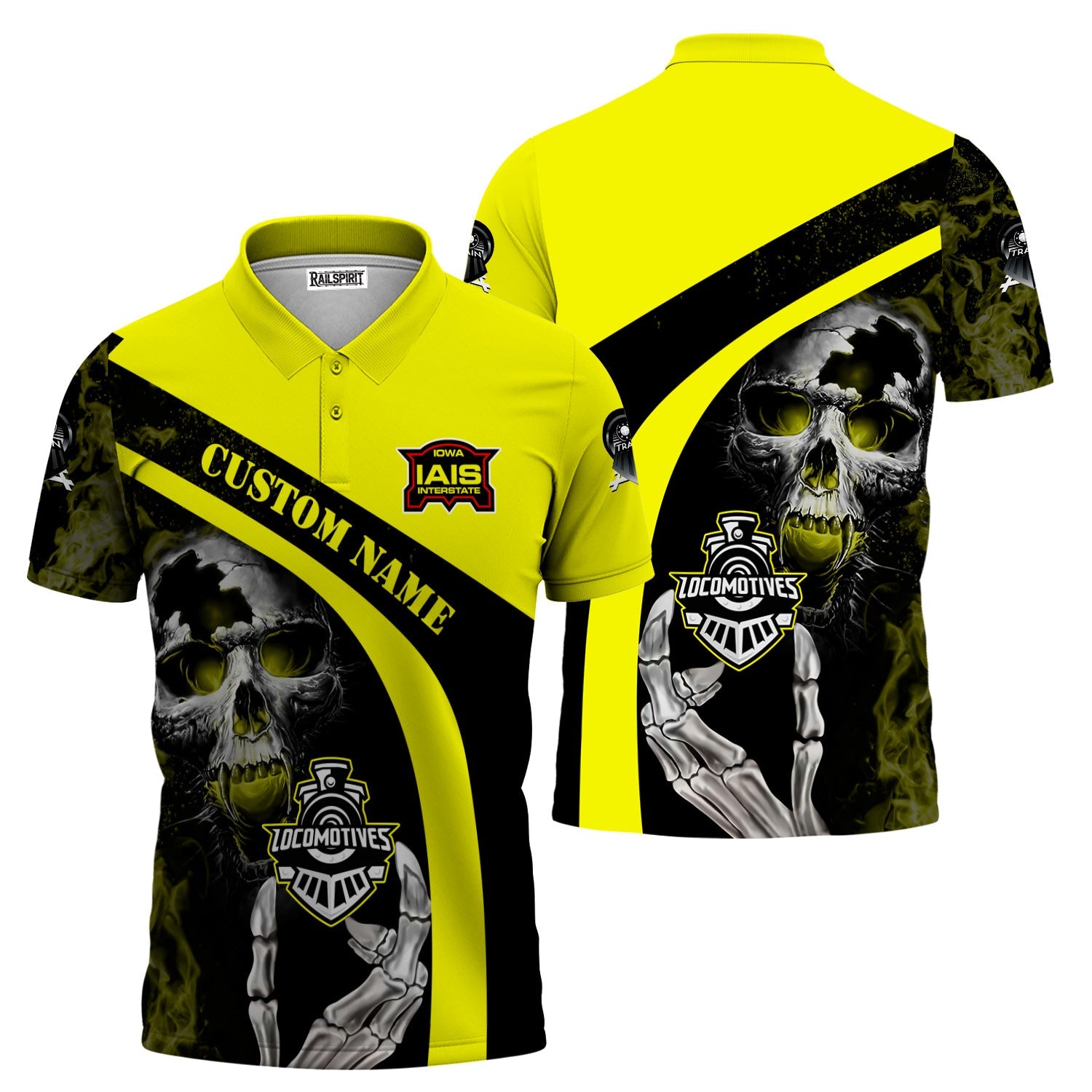 Railspirit Personalized Iowa Interstate Railroad Polo Shirt Flame Skull Design IAIS Train Shirt for Locomotive Fans