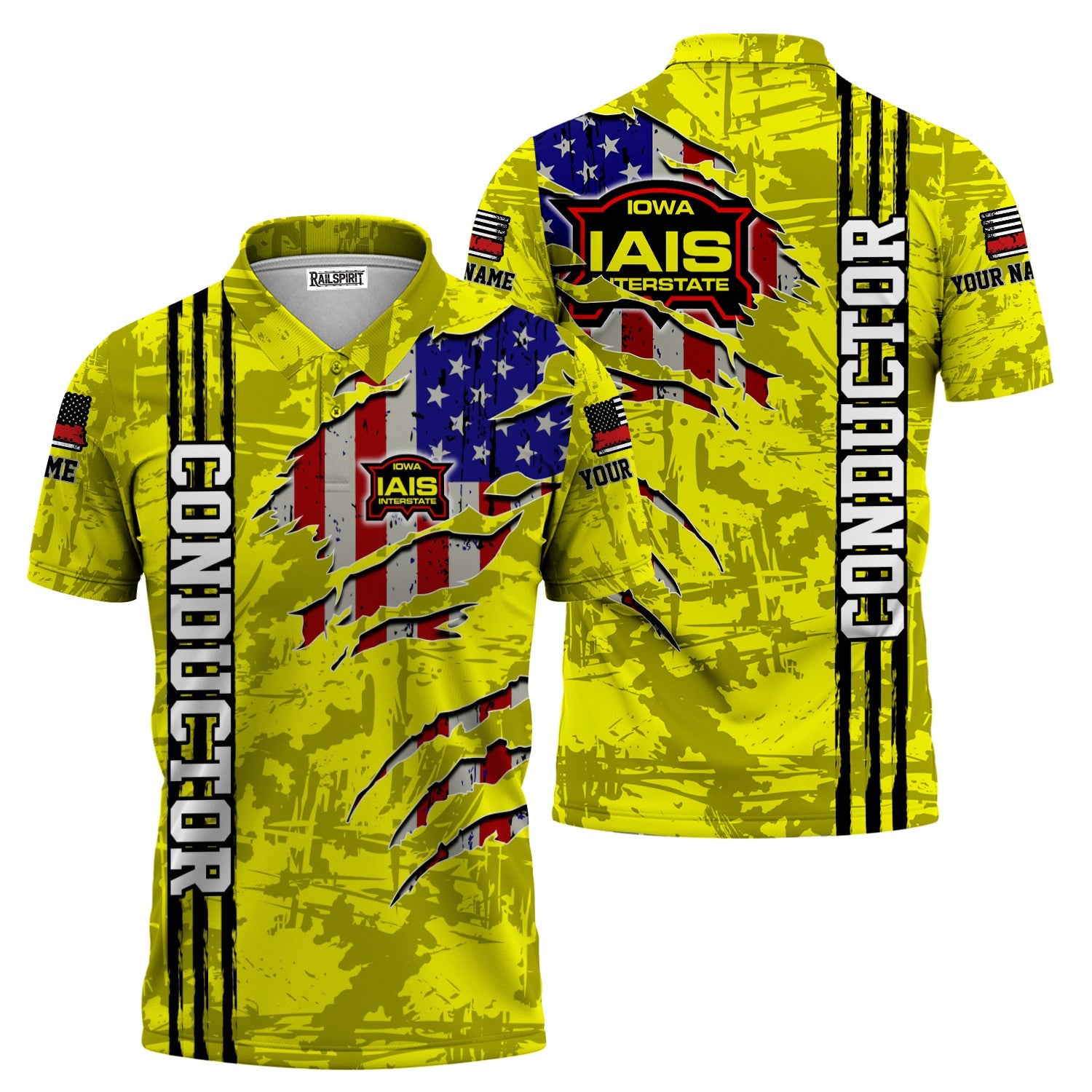 Railspirit Personalized Iowa Interstate Railroad Polo Shirt USA Flag Claw Art with Custom Job IAIS Train Shirt