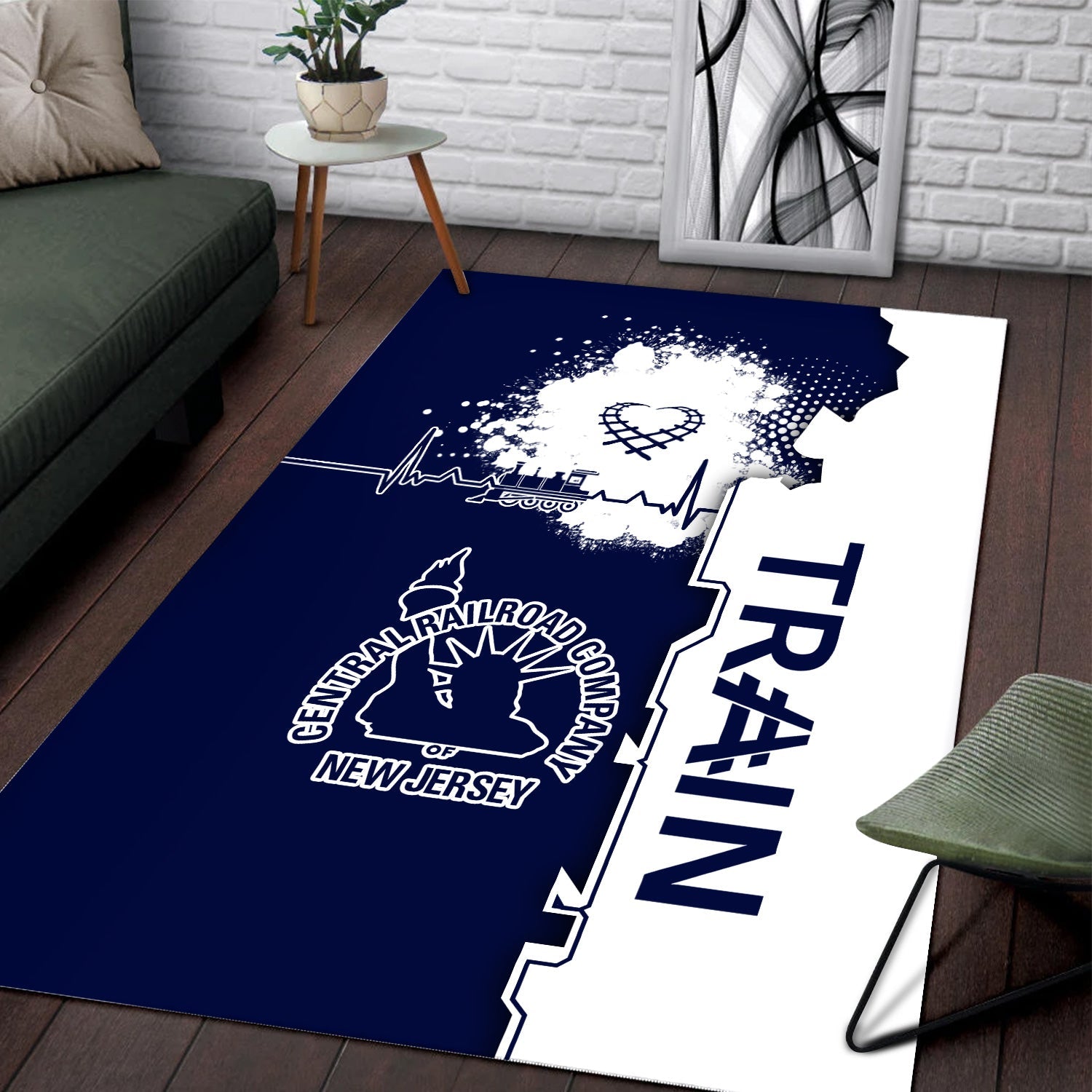 Railspirit Jersey Central Railroad Area Rug Engine Heartbeat and Track Love Style Rug Gift Idea For Train Lovers