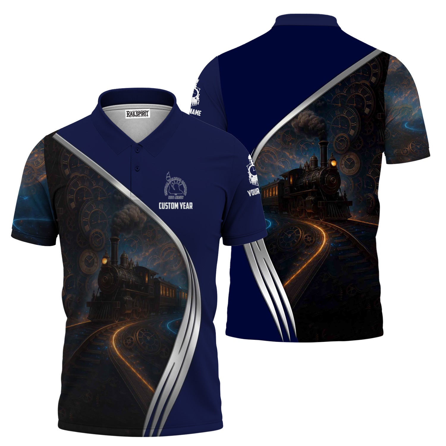 Railspirit Personalized Jersey Central Railroad Polo Shirt Steampunk Locomotive with Custom Year CNJ Train Shirt