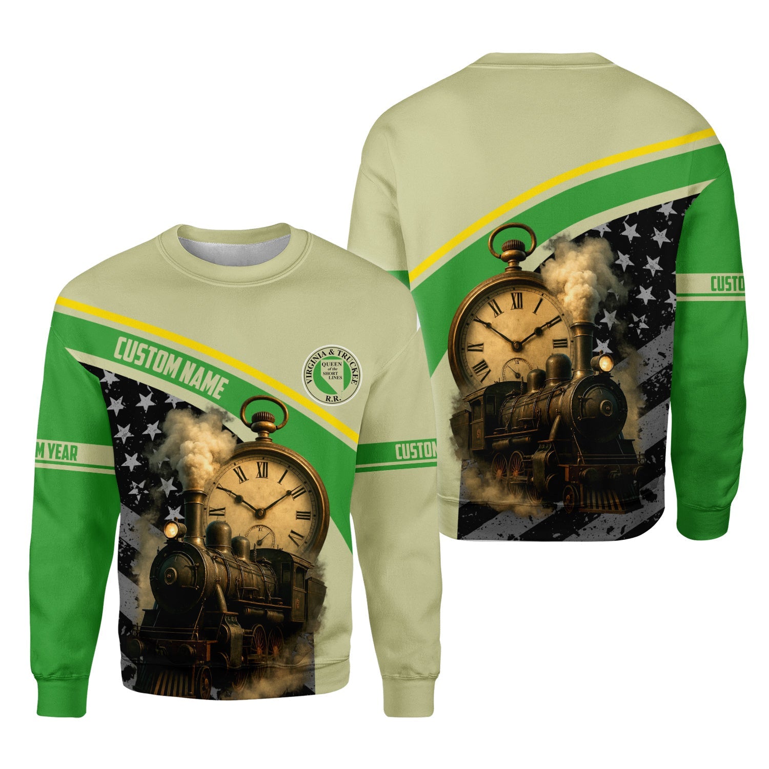 Railspirit Personalized Virginia & Truckee Railroad Sweatshirt Classic Steam Engine With Retro Pocket Watch Shirt All Over Print