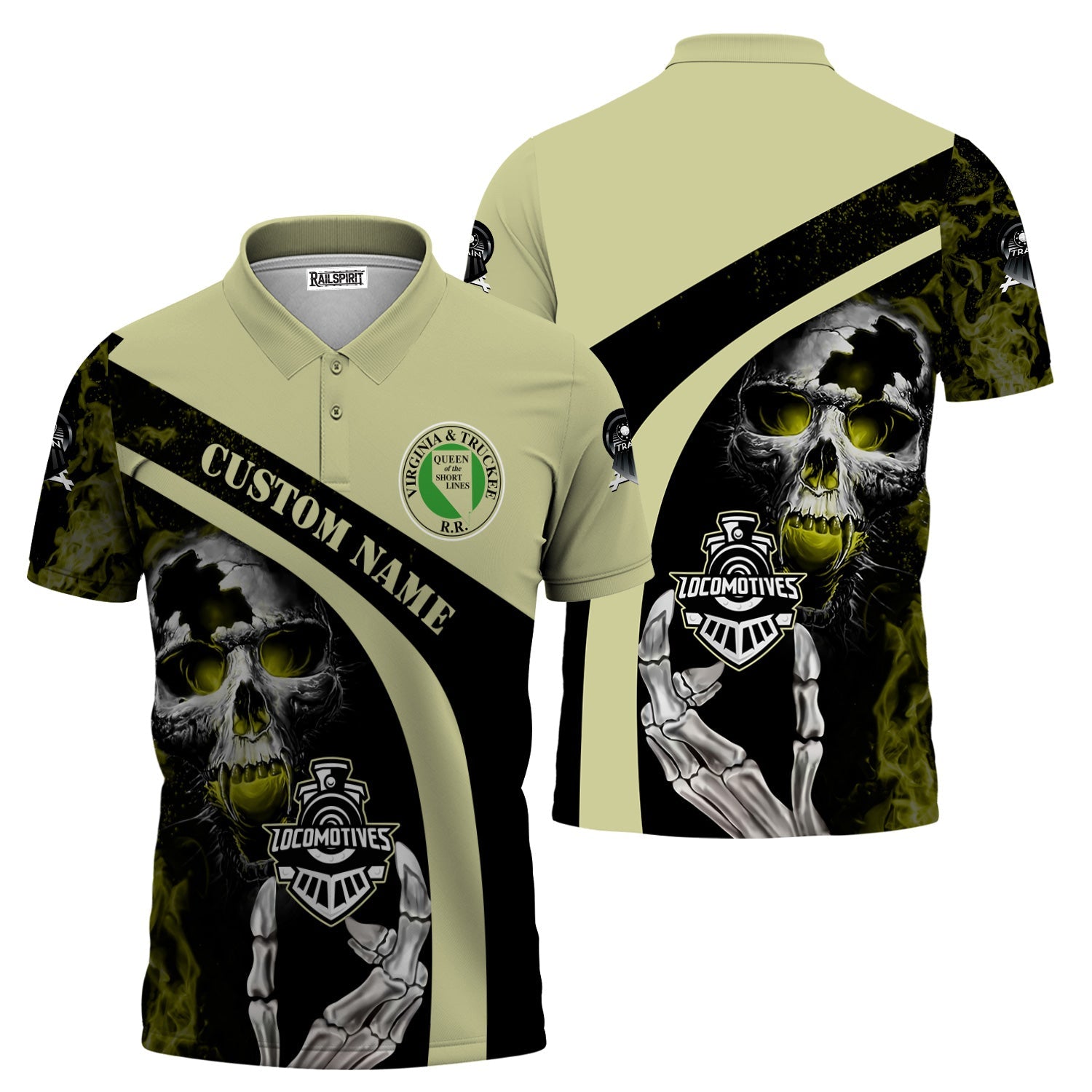 Railspirit Personalized Virginia & Truckee Railroad Polo Shirt Flame Skull Design Train Shirt for Locomotive Fans