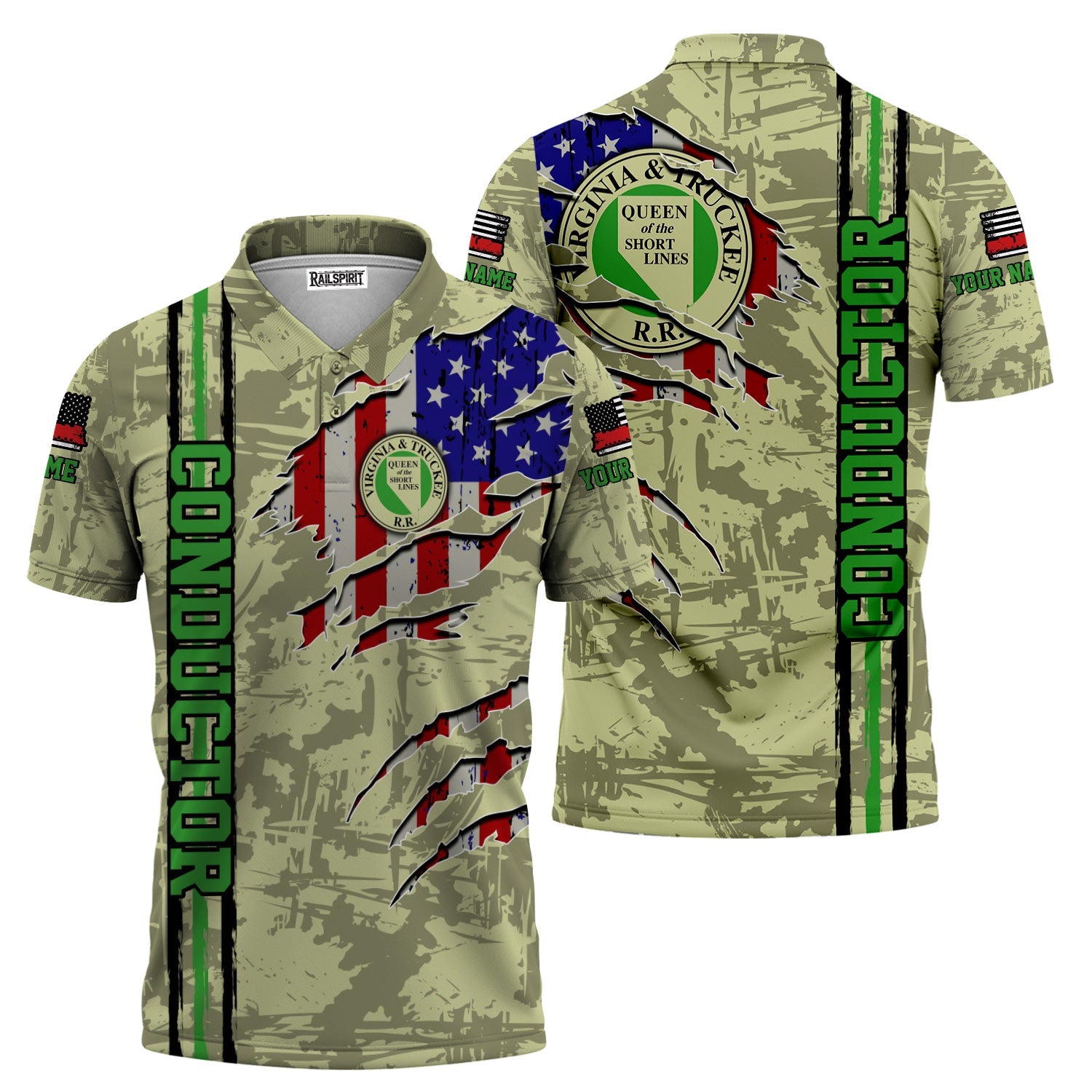 Railspirit Personalized Virginia & Truckee Railroad Polo Shirt USA Flag Claw Art with Custom Job Train Shirt