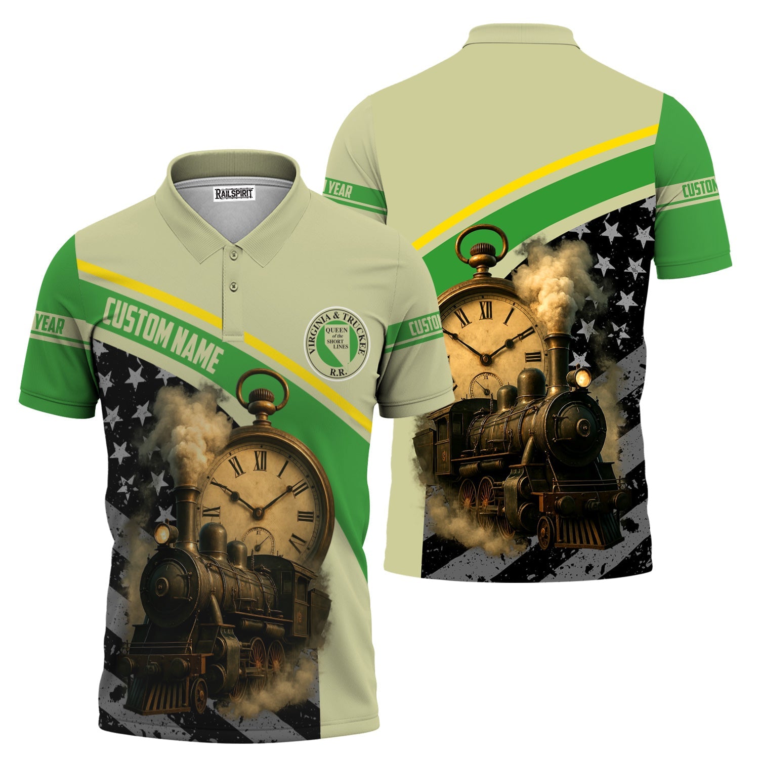 Railspirit Personalized Virginia & Truckee Railroad Polo Shirt Classic Steam Engine With Retro Pocket Watch Shirt All Over Print