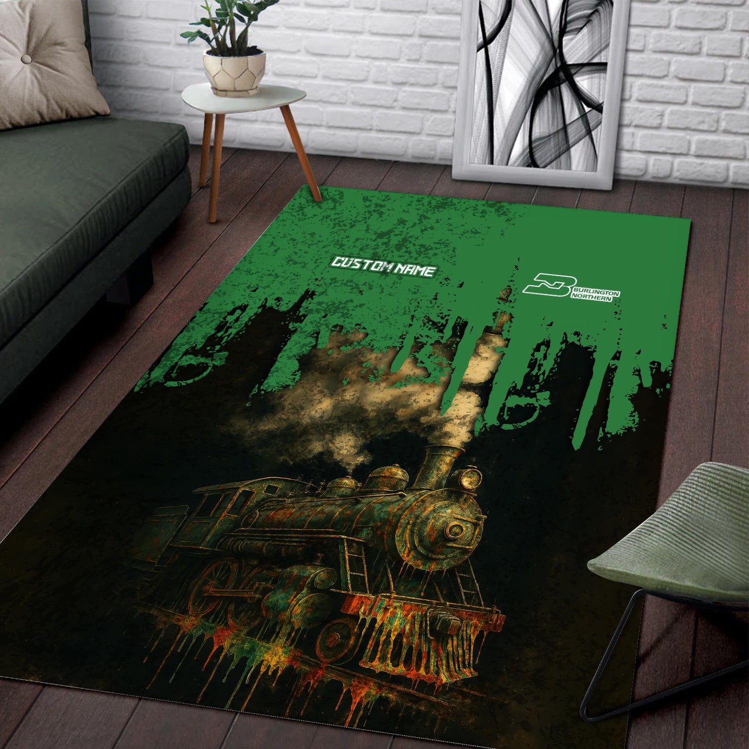 Railspirit Personalized Burlington Northern Railroad Area Rug Vintage Train Art Style Rug For Locomotive Fans