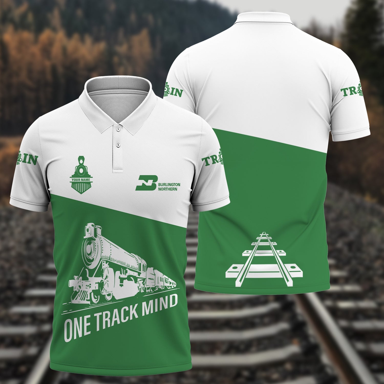Railspirit Personalized Burlington Northern Railroad Polo Shirt One Track Mind Unisex Train Shirt Gift Idea For Train Lover