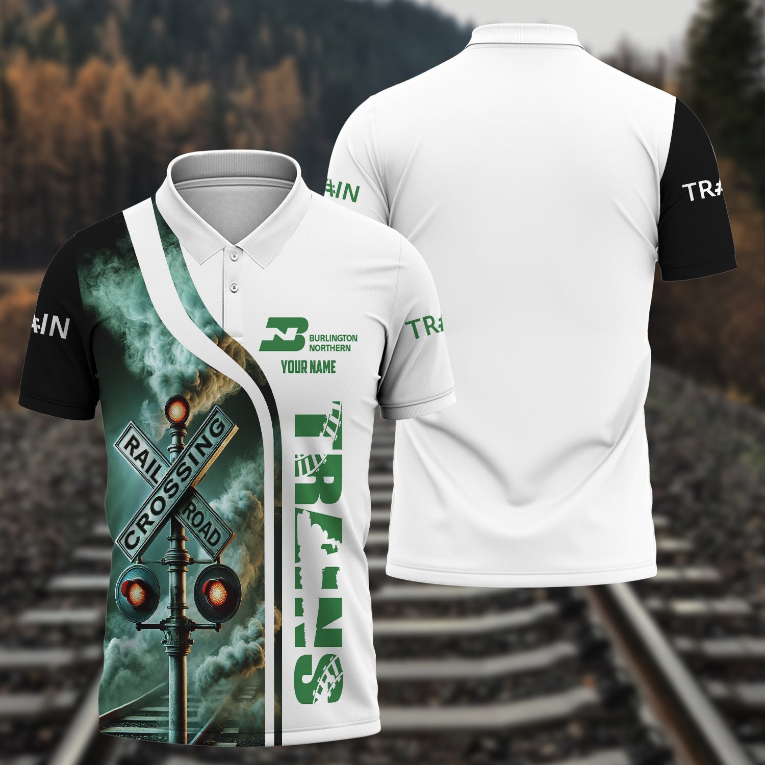 Railspirit Personalized Burlington Northern Railroad Polo Shirt Crossing Railroad Sign American Locomotive Train Shirt All Over Print