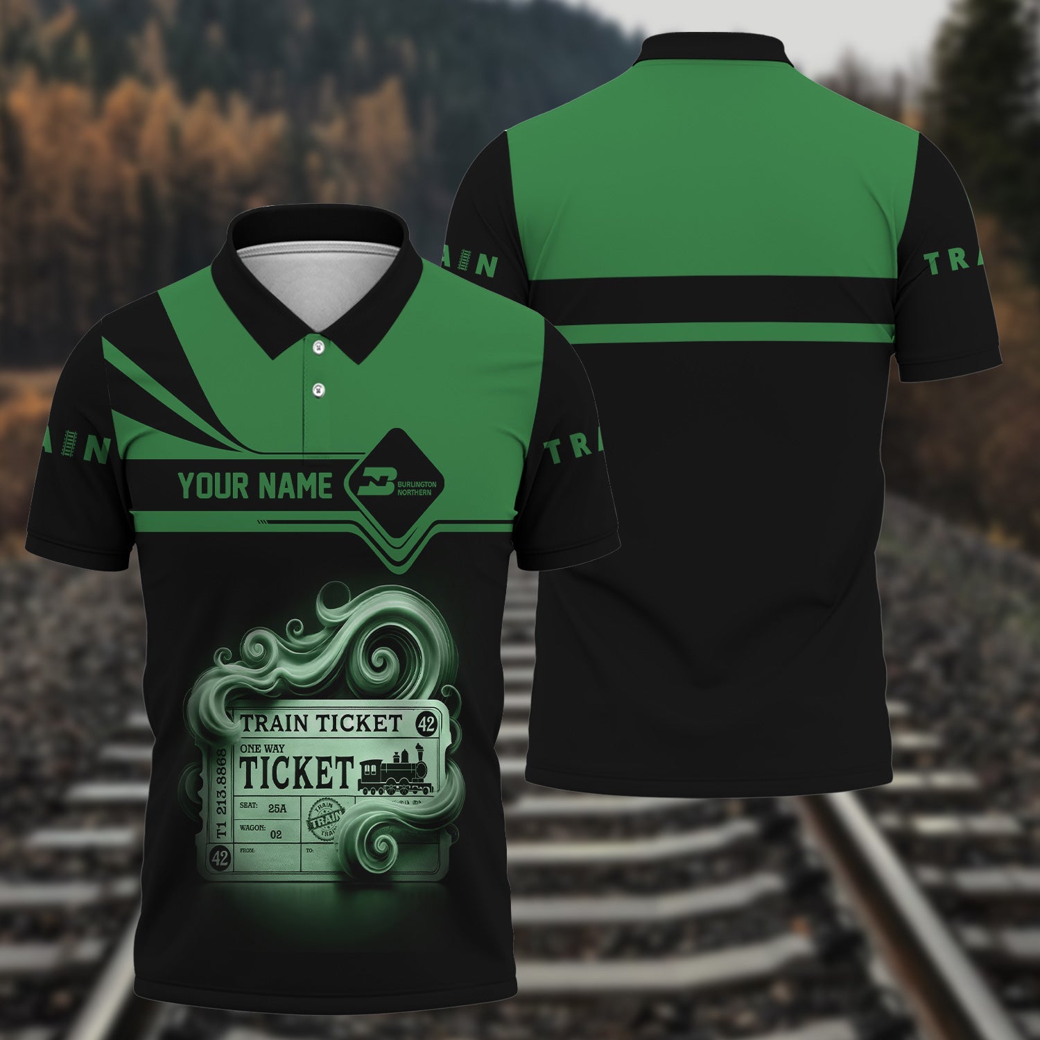 Railspirit Custom Name Burlington Northern Railroad Polo Shirt American Train Ticket Printed Shirt