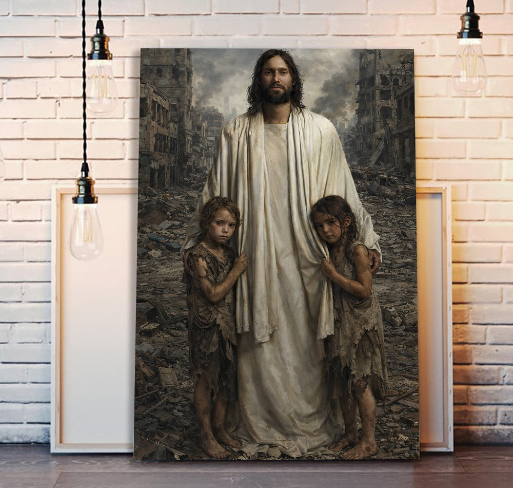 Jesus Christ Wall Art with Children, Christian Religious Canvas Print, Faith Hope and Love Artwork, Spiritual Home Decor