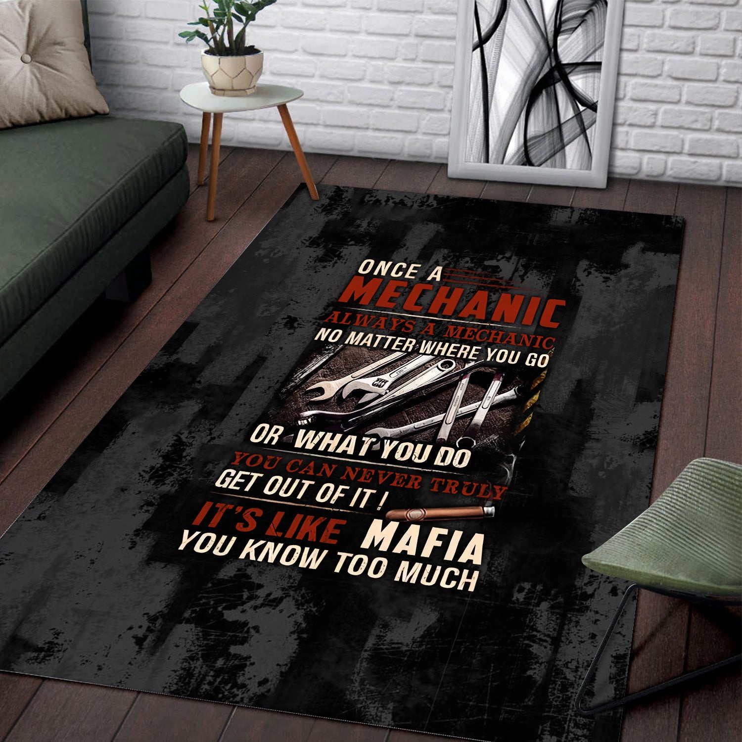 Mechanic Rug Funny Quote, Once A Mechanic Always A Mechanic, Gift for Mechanic Lovers, Work, Garage, Car Enthusiasts, Automotive Area Rug