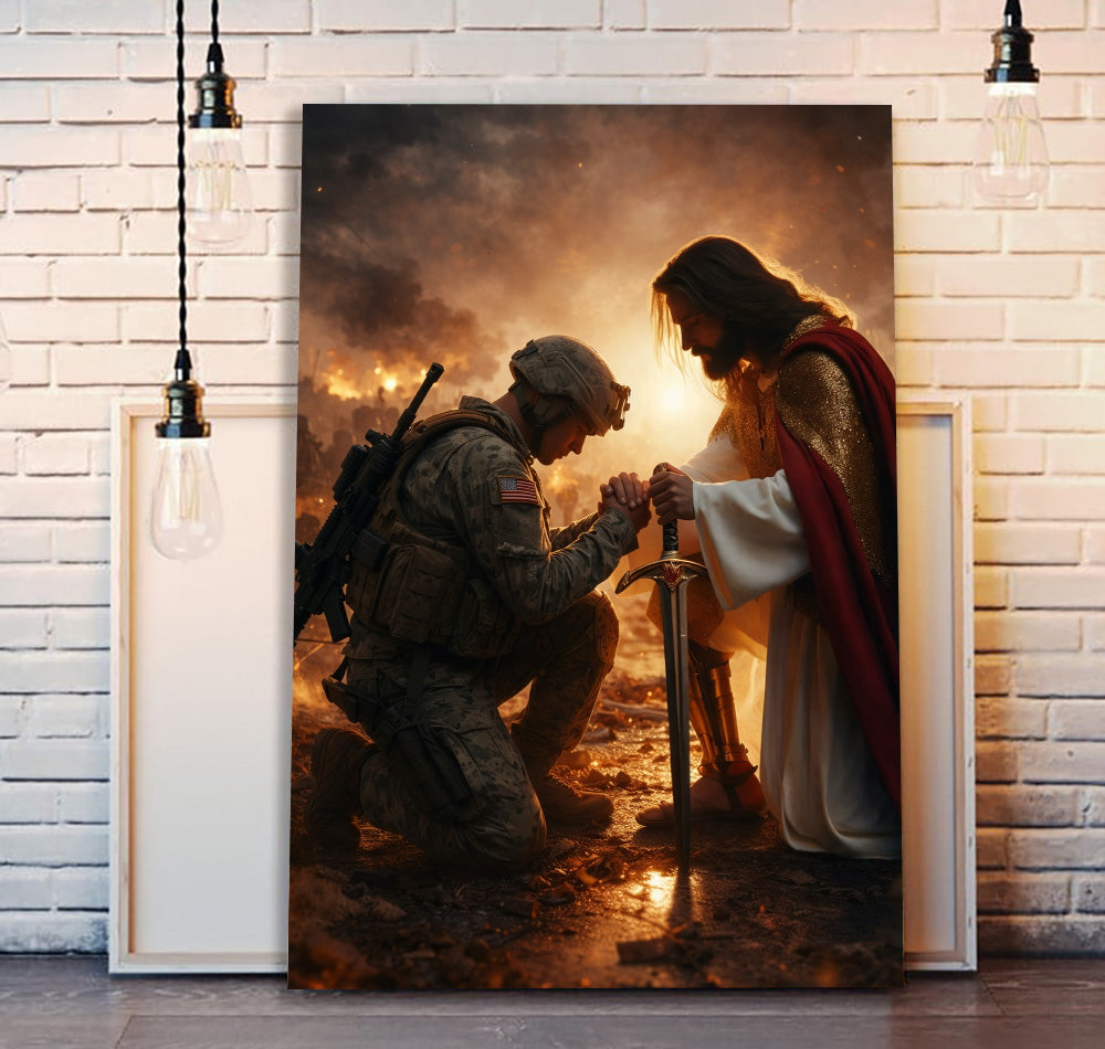 Jesus Christ Blessing Soldier Wall Art, Christian Religious Canvas Print, Faith and Prayer Artwork, Military Home Decor