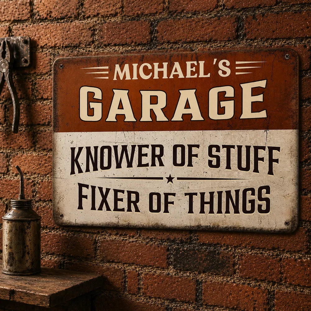 Personalized Garage Knower Of Stuff Fixer Of Things Personalized Metal Sign Custom Garage Sign Mechanic Gift for Dad Wall Decor
