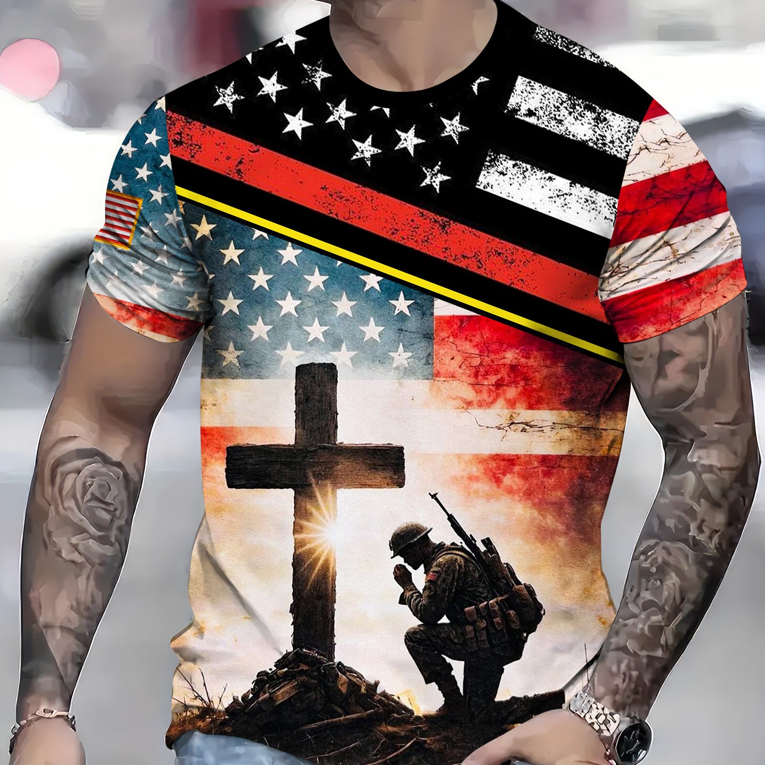 Christian Veteran Shirt, Soldier Kneeling at Cross American Flag Shirt, Patriotic Memorial Day Tee, Military Faith Gift for Men