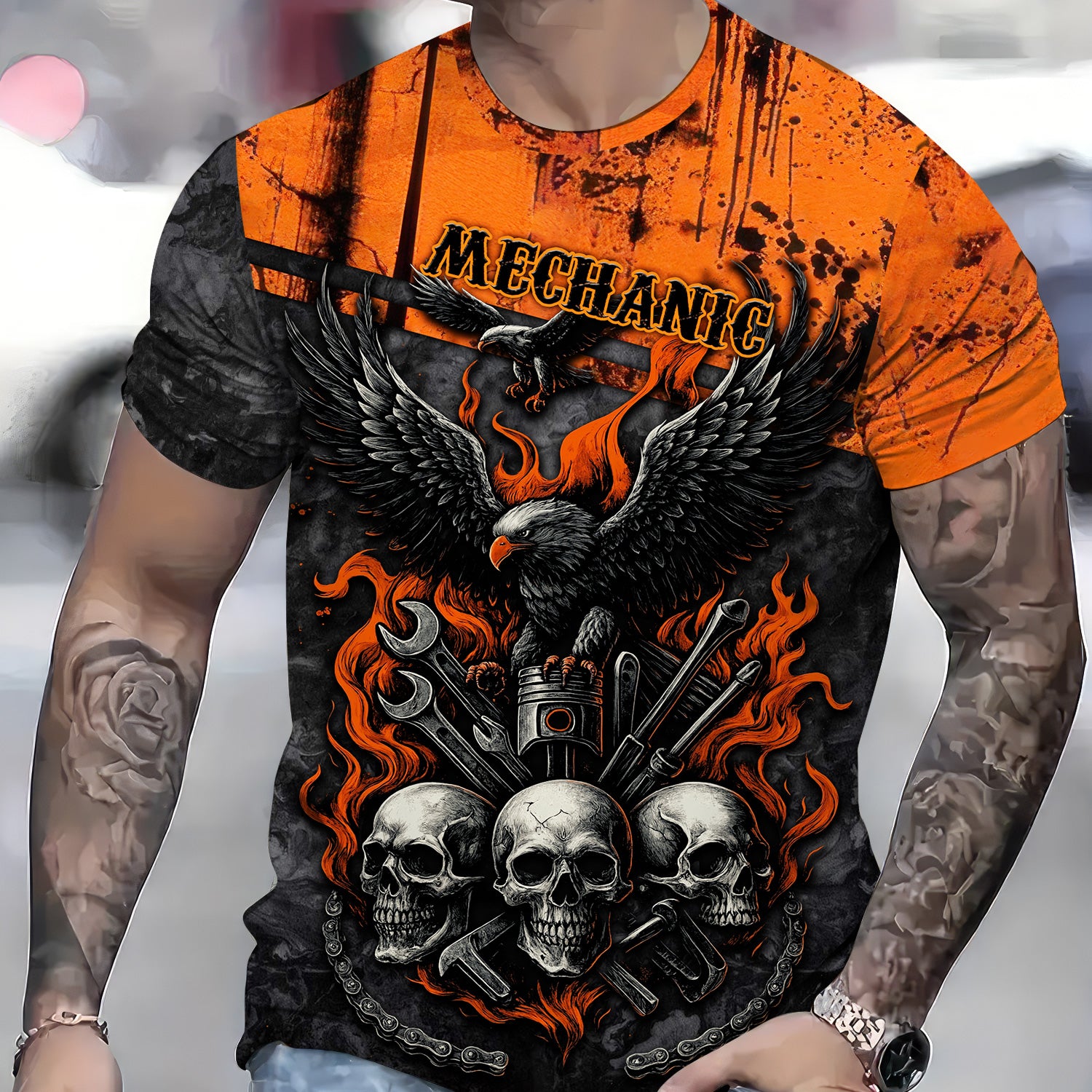 Mechanic Shirt, Eagle Skull Flame Car Repair Workwear, Biker Garage Tool Graphic Tee, Gift for Auto Repair Men