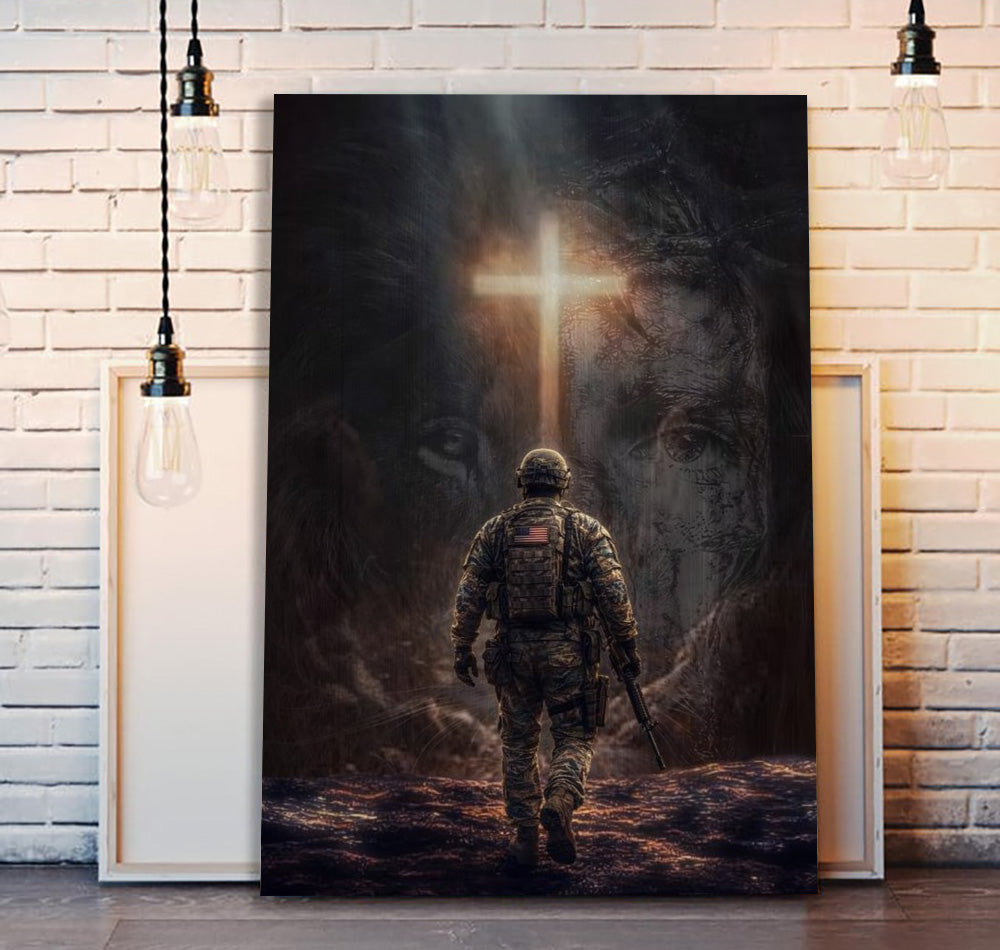 Christian Soldier Wall Art, Faith Over Fear Jesus Cross Canvas, Military Veteran Religious Home Decor Gift
