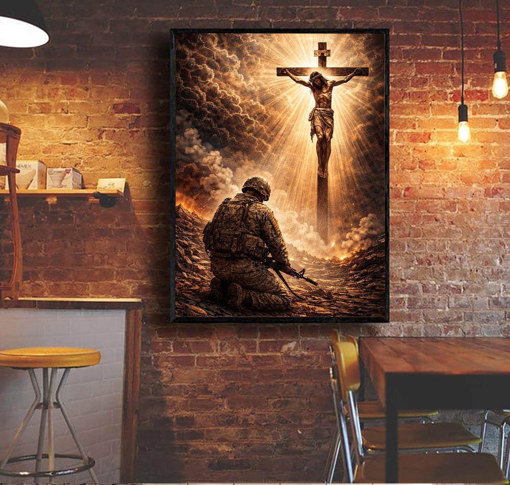 Soldier Kneeling Jesus Canvas Wall Art, Christian Canvas Faith Home Decor Veteran Gift Ideas