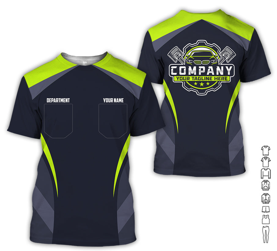 Custom Name Mechanic Shirt, Unisex Yellow Green Crew Shirt for Automotive Workers, Perfect Gift for Him, Printed Poket Shirt