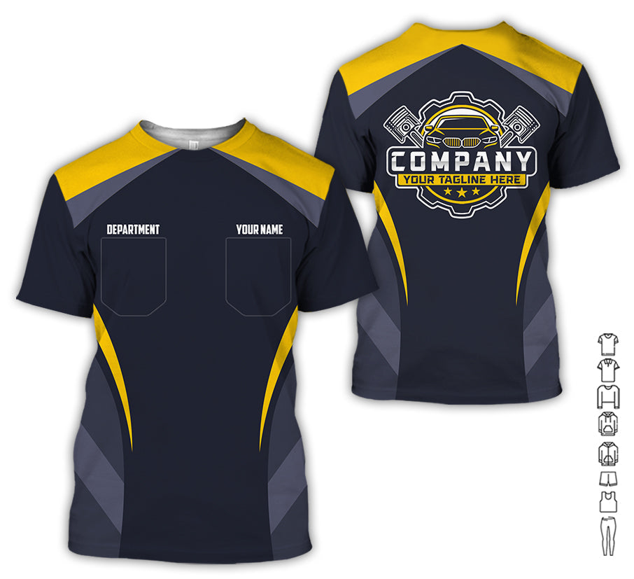 Custom Name Mechanic Shirt, Unisex Yellow Crew Shirt for Automotive Workers, Perfect Gift for Him, 3D Printed Pocket Shirt