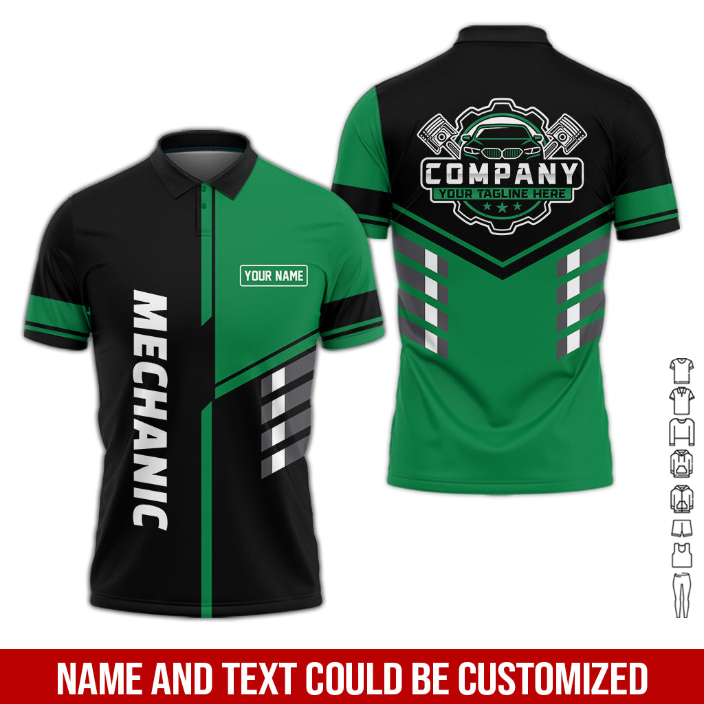 Personalized Work Shirt for Mechanics, Green 3D Printed Uniform for Men, Perfect Gift for Car Lovers and Garage Workers