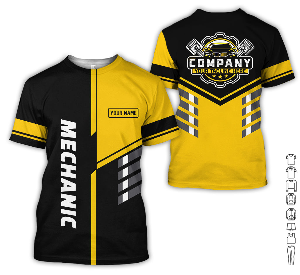 Personalized Work Shirt for Mechanics, Yellow 3D Printed Uniform for Men, Perfect Gift for Car Lovers and Garage Workers