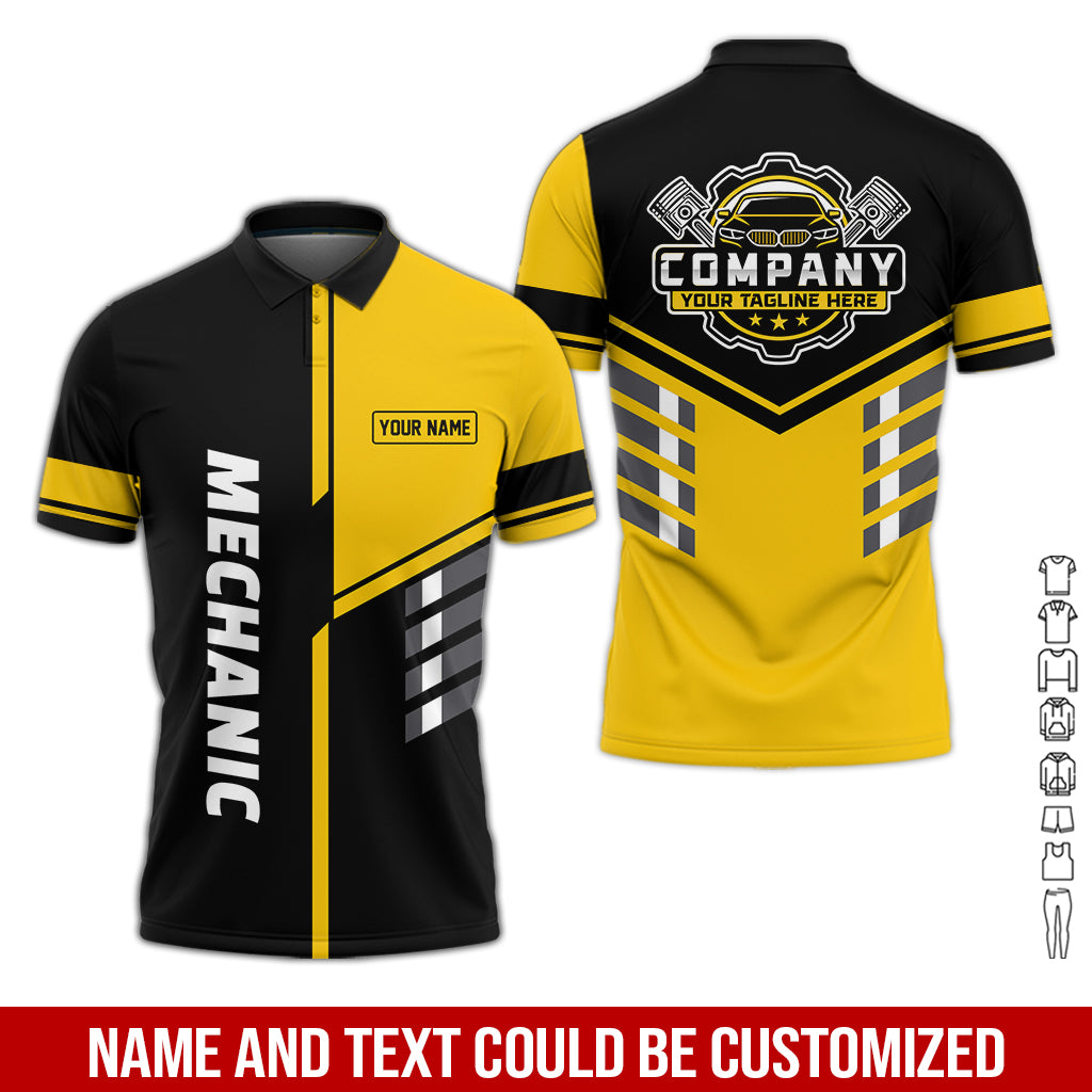 Personalized Work Shirt for Mechanics, Yellow 3D Printed Uniform for Men, Perfect Gift for Car Lovers and Garage Workers