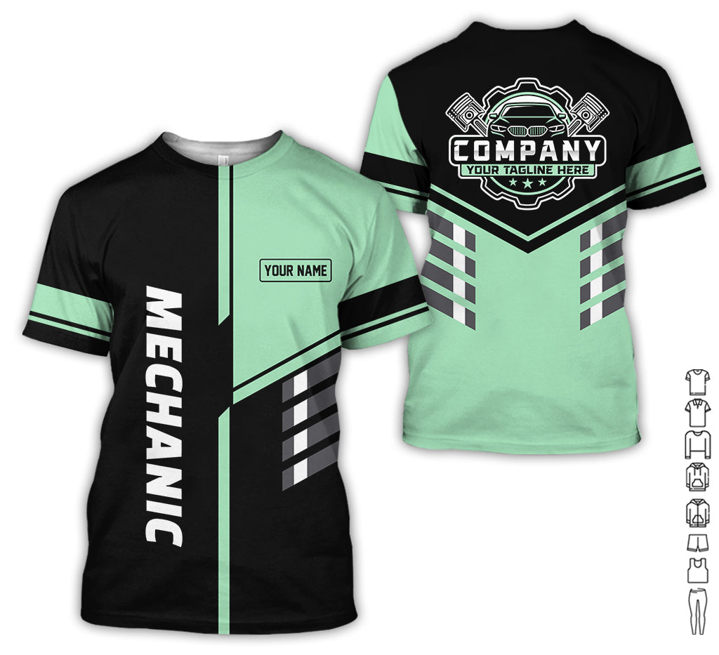 Personalized Work Shirt for Mechanics, Seafoam 3D Printed Uniform for Men, Perfect Gift for Car Lovers and Garage Workers