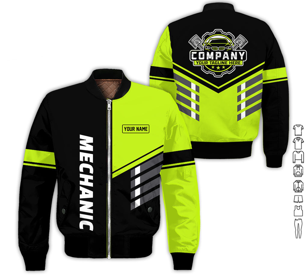 Personalized Work Shirt for Mechanics, Yellow Green 3D Printed Uniform for Men, Perfect Gift for Car Lovers and Garage Workers