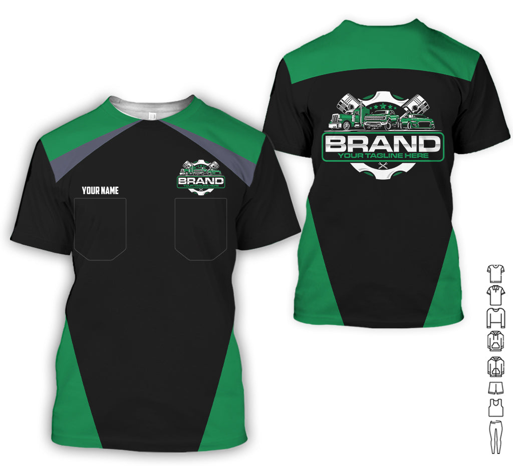 Personalized Mechanic Uniform for Men, 3D Printed Pocket Shirt for Auto Technicians, Green Color, Great Gift for Car Guys