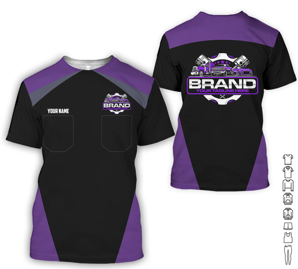 Personalized Mechanic Uniform for Men, 3D Printed Pocket Shirt for Auto Technicians, Purple Color, Great Gift for Car Guys