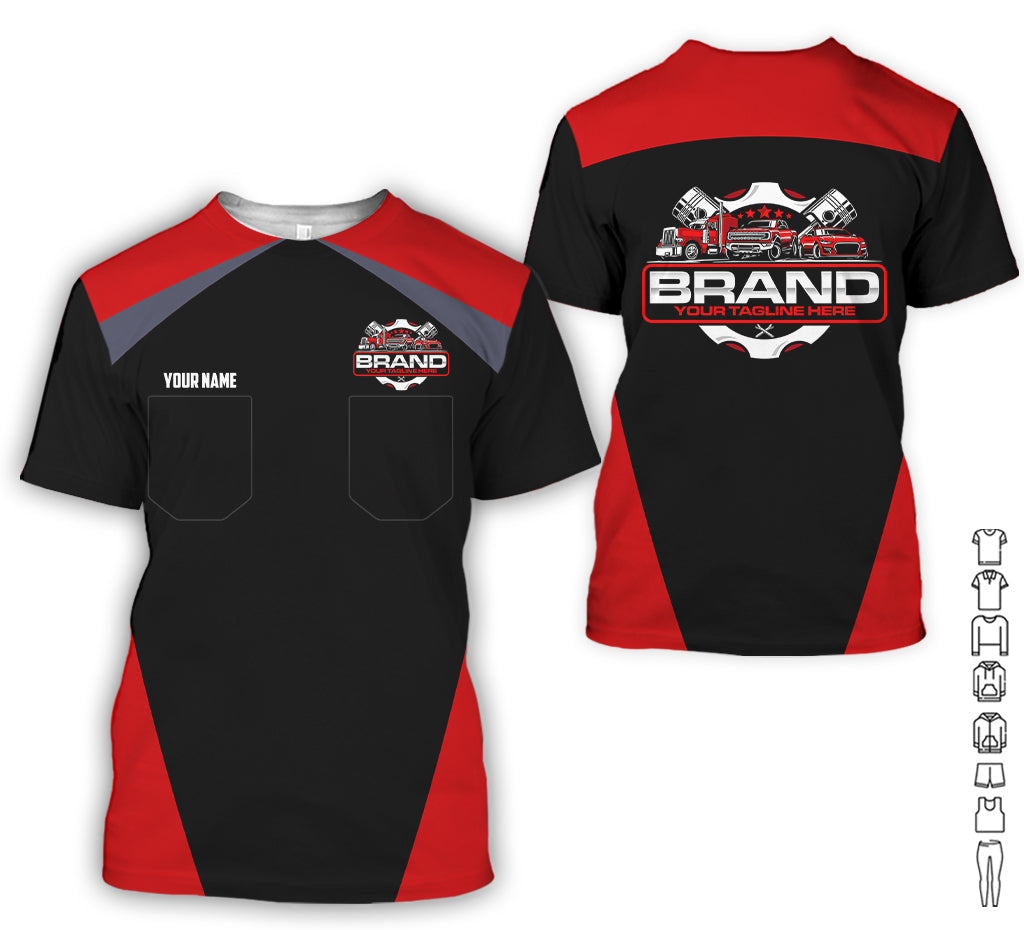 Personalized Mechanic Uniform for Men, 3D Printed Pocket Shirt for Auto Technicians, Red Color, Great Gift for Car Guys