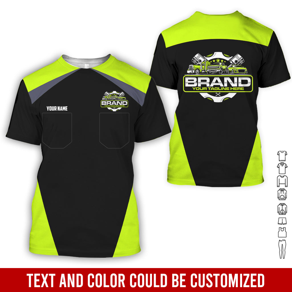 Personalized Mechanic Uniform for Men, 3D Printed Pocket Shirt for Auto Technicians, Yellow Green Color, Great Gift for Car Guys