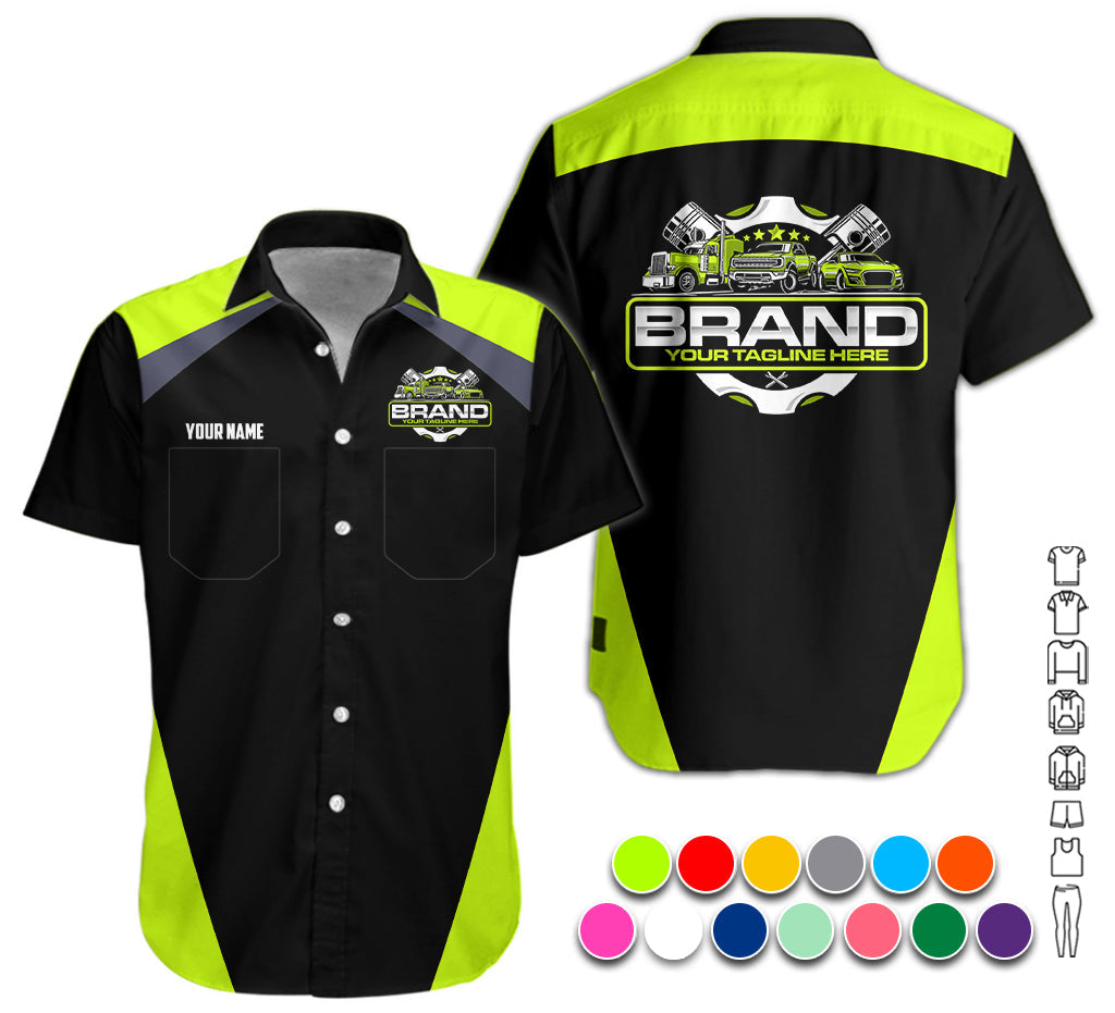 Personalized Mechanic Uniform for Men, 3D Printed Pocket Shirt for Auto Technicians, Yellow Green Color, Great Gift for Car Guys