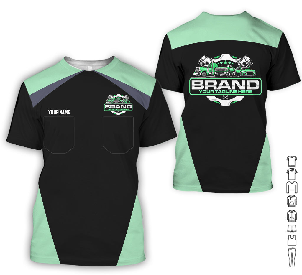 Personalized Mechanic Uniform for Men, 3D Printed Pocket Shirt for Auto Technicians, Seafoam Color, Great Gift for Car Guys