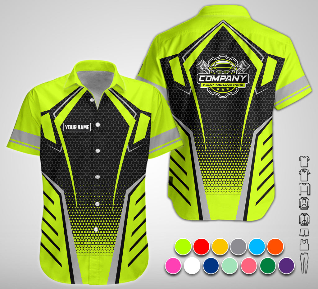 Custom Mechanic Work Shirt with Name, Gift for Technicians and Car Guys, Mechanic Shirt In Green Yellow, Sizes S to 5XL