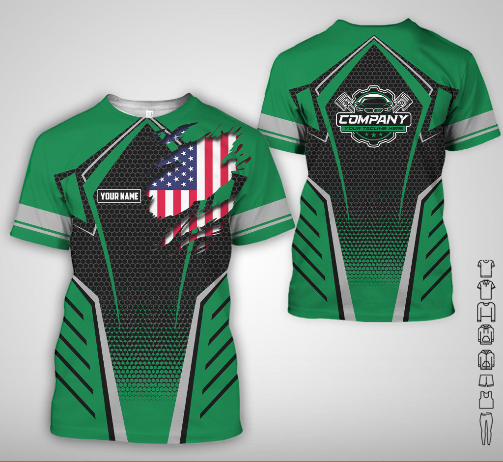 Custom Mechanic Shirt with Name, Green Garage Uniform, Gift for Car Guys & Technicians, Comfortable Daily Fit, Perfect Garage Apparel