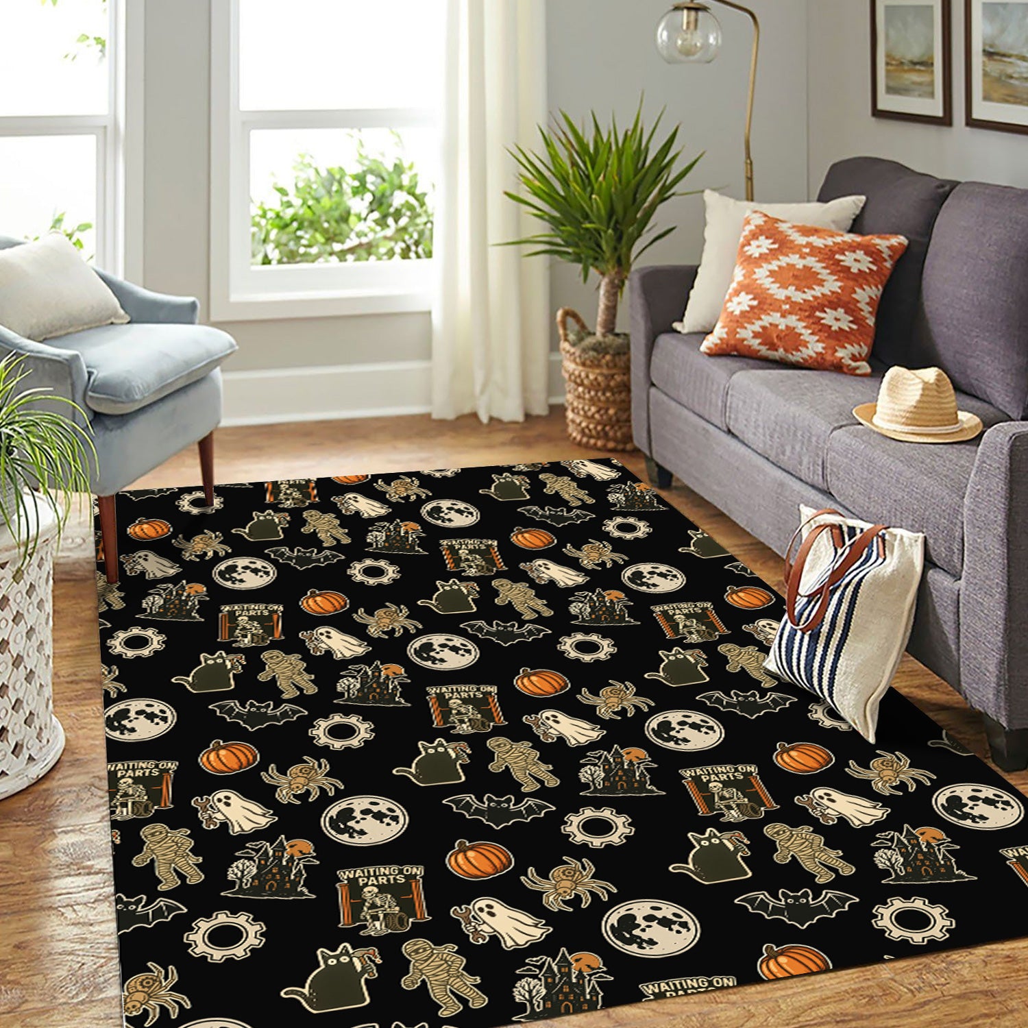 Funny Halloween Mechanic Rug Spooky Pumpkin Ghost Mummy Spider Bat Moon Costume Area Rug Garage Home Decor
